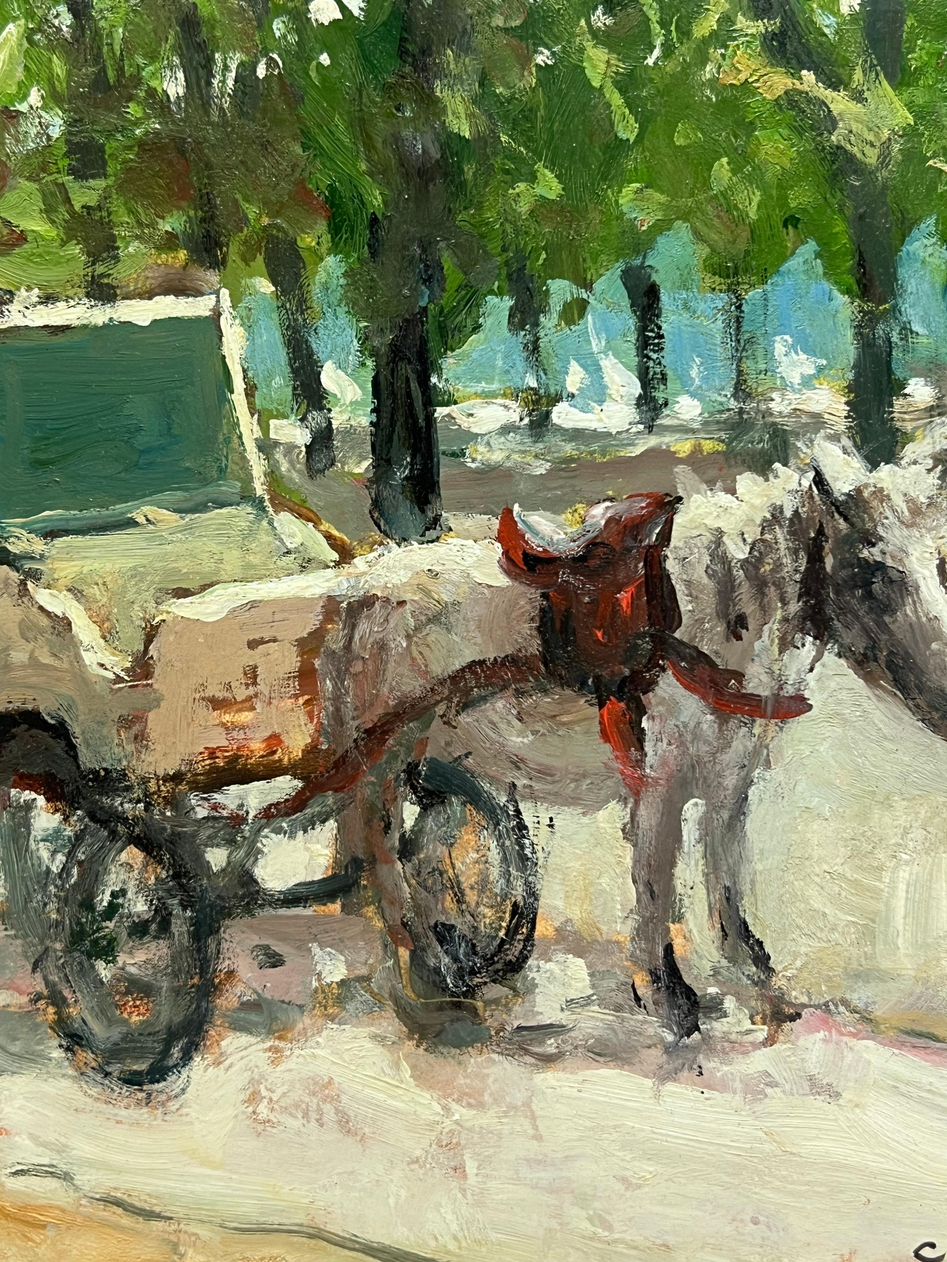 Cavallo e carrozza Parco di Parigi Olio firmato da un impressionista francese del XX secolo in vendita 1