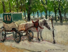 Horse & Carriage Paris Park 20thC French Impressionist Signed Oil