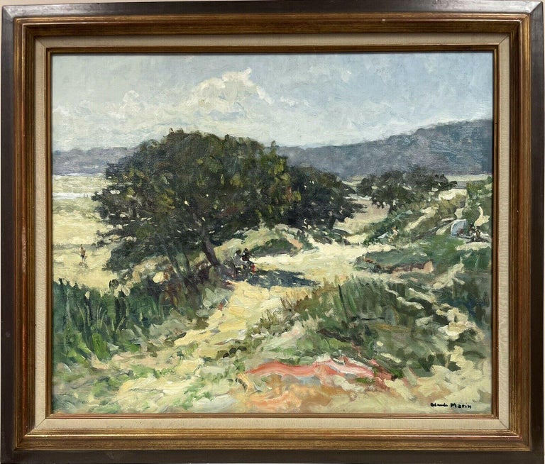 Large French Impressionist Signed Oil Figures in Summer Landscape beside Estuary - Painting by Claude Marin