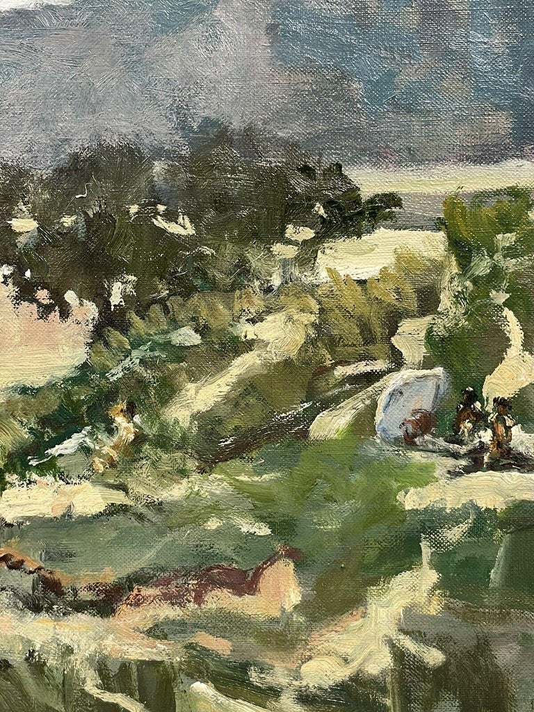 Large French Impressionist Signed Oil Figures in Summer Landscape beside Estuary 3