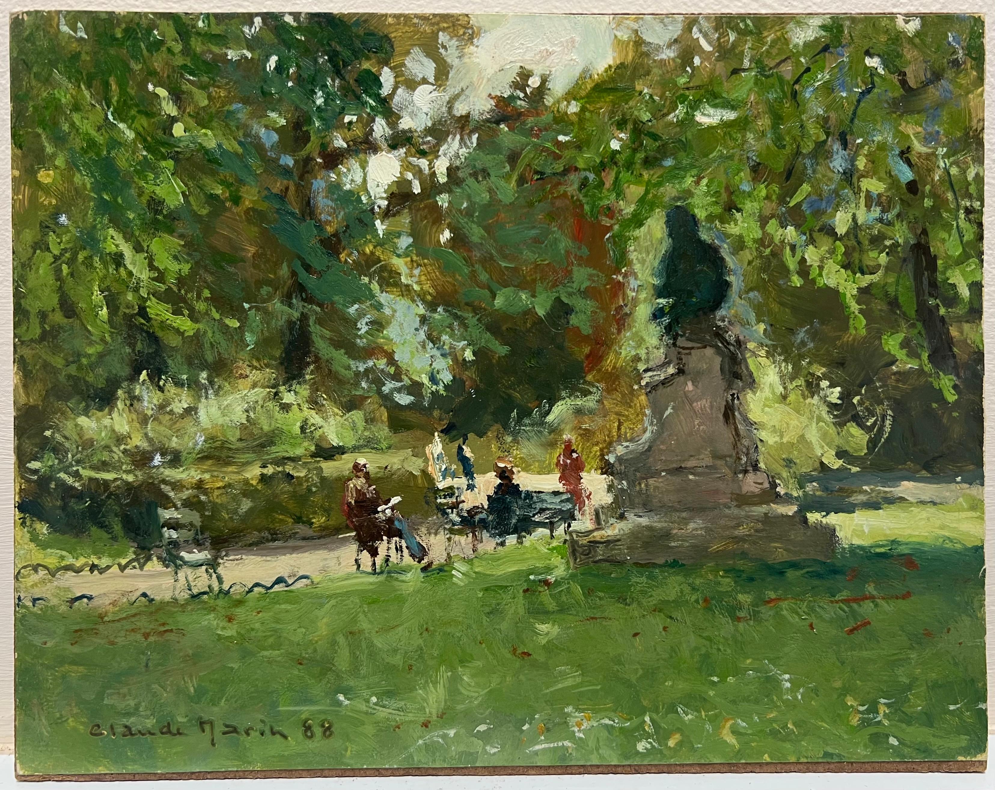 Escena de parque parisino Luz moteada Figuras Estatua Impresionista francés Firmado Óleo - Painting de Claude Marin