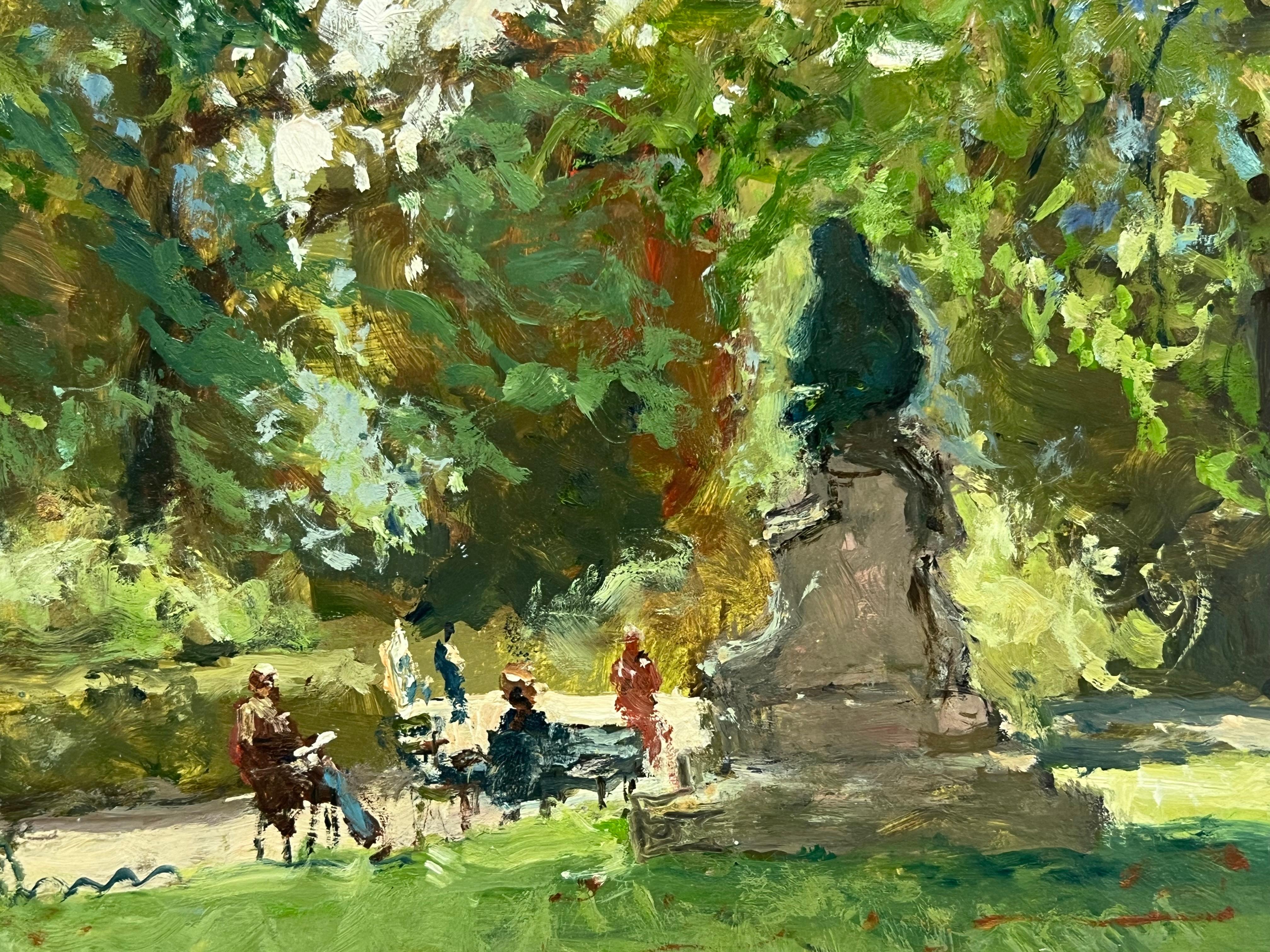 Escena de parque parisino Luz moteada Figuras Estatua Impresionista francés Firmado Óleo - Landscape Painting Marrón de Claude Marin