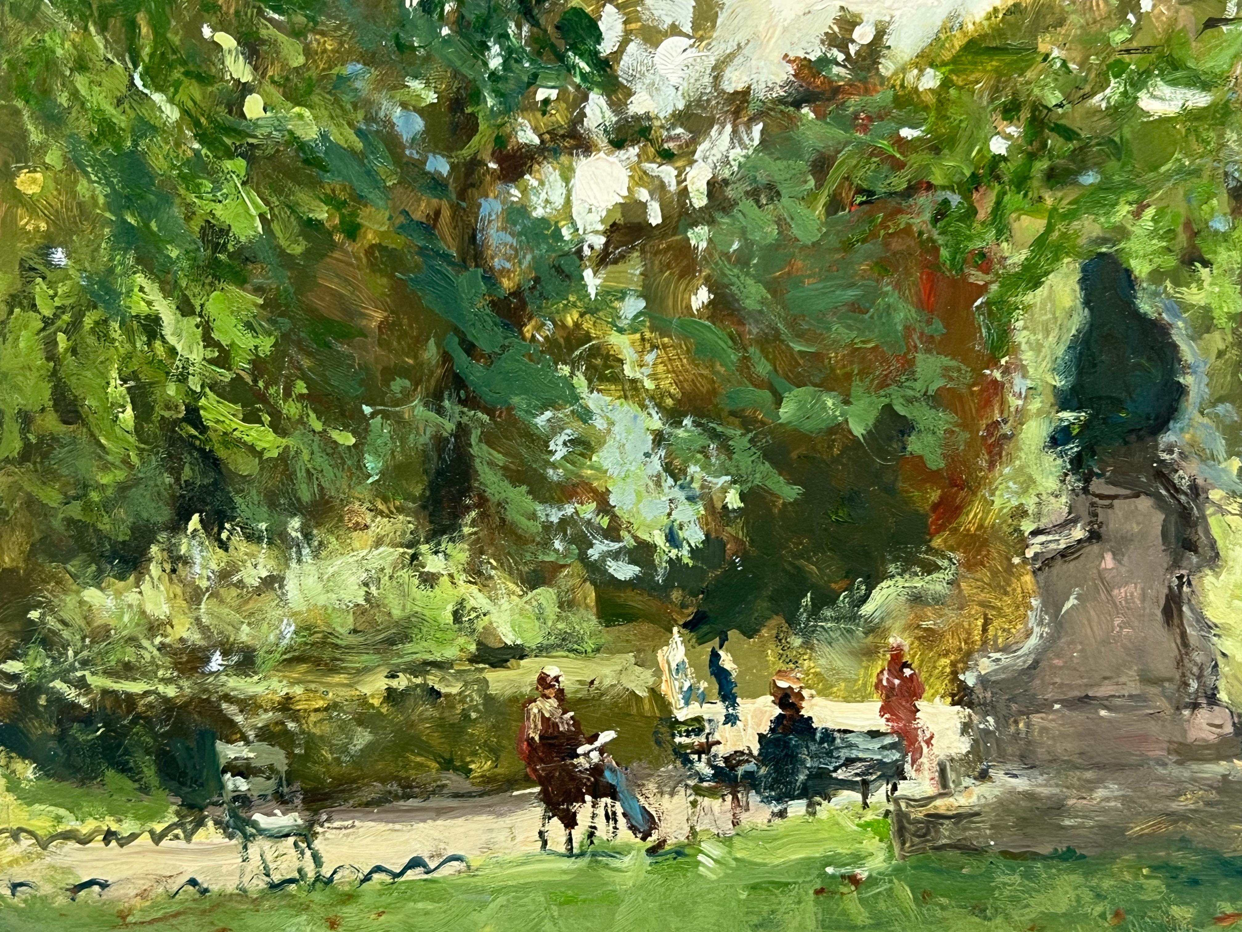 Figuras en el parque
de Claude Marin (francés 1914-2001)
firmado y fechado 88
óleo sobre cartulina de artista pegada sobre tabla, sin enmarcar
tablero: 7,5 x 9,5 pulgadas
Procedencia: colección privada, París, Francia
Estado: muy buen