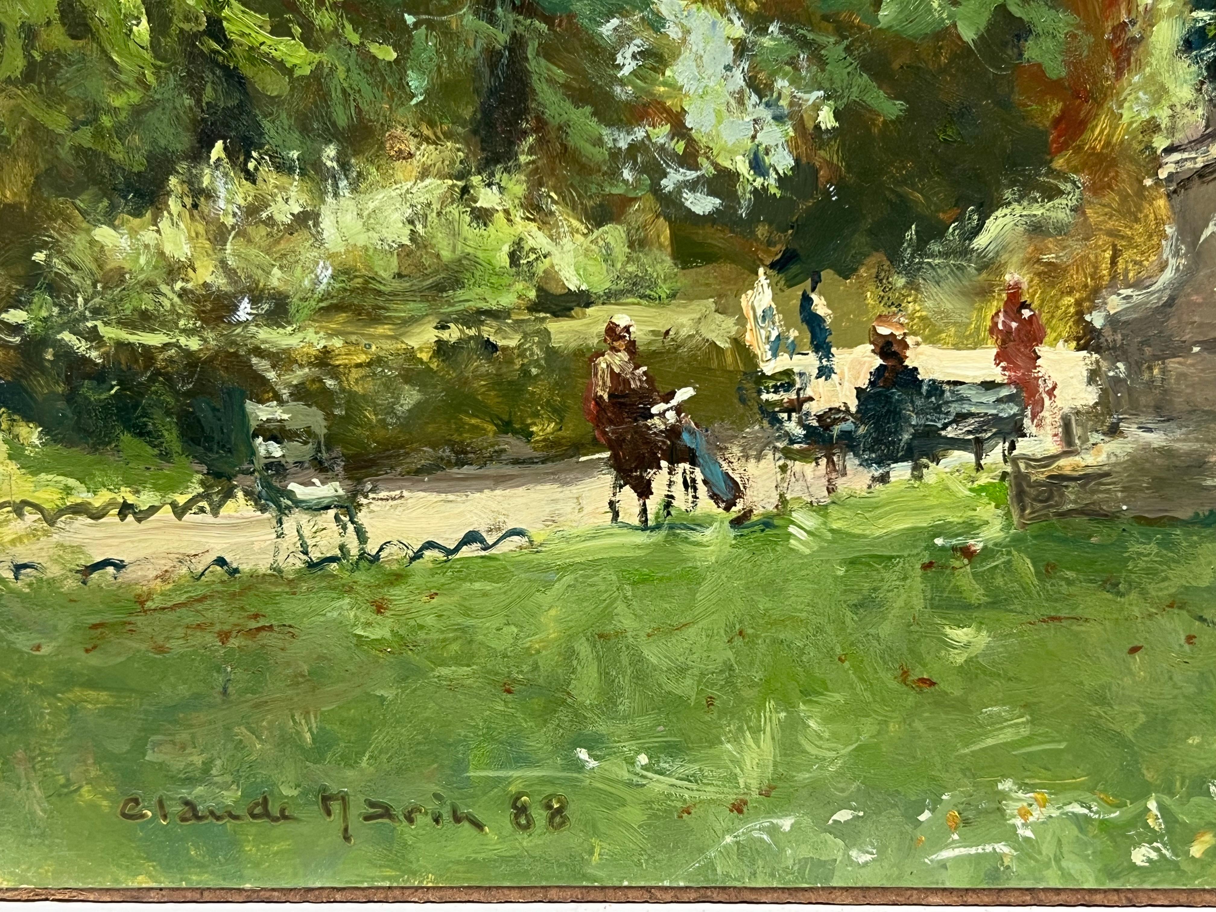 Escena de parque parisino Luz moteada Figuras Estatua Impresionista francés Firmado Óleo en venta 1