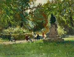 Escena de parque parisino Luz moteada Figuras Estatua Impresionista francés Firmado Óleo
