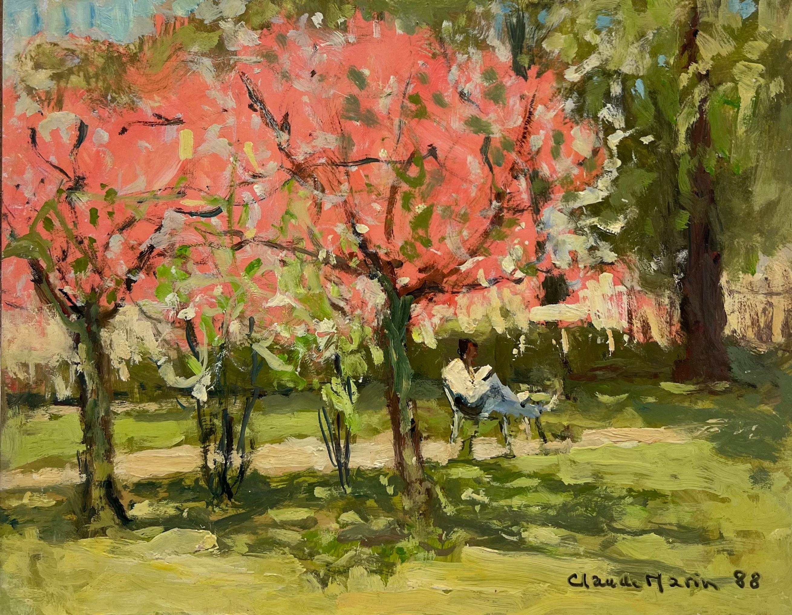 Landscape Painting di Claude Marin - Alberi di fiori rosa Parco parigino Figura che legge Olio impressionista francese del 1980