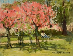 Pink Blossom Trees Parisian Park Figure Reading 1980's French Impressionist Oil