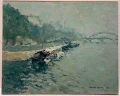 River Seine Paris Barges Moored on Quay Signed 20thC French Impressionist Oil