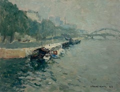 Fluss Seine Paris Lastkähne am Kai festgemacht Signiert 20. Jahrhundert Französisch Impressionist Öl