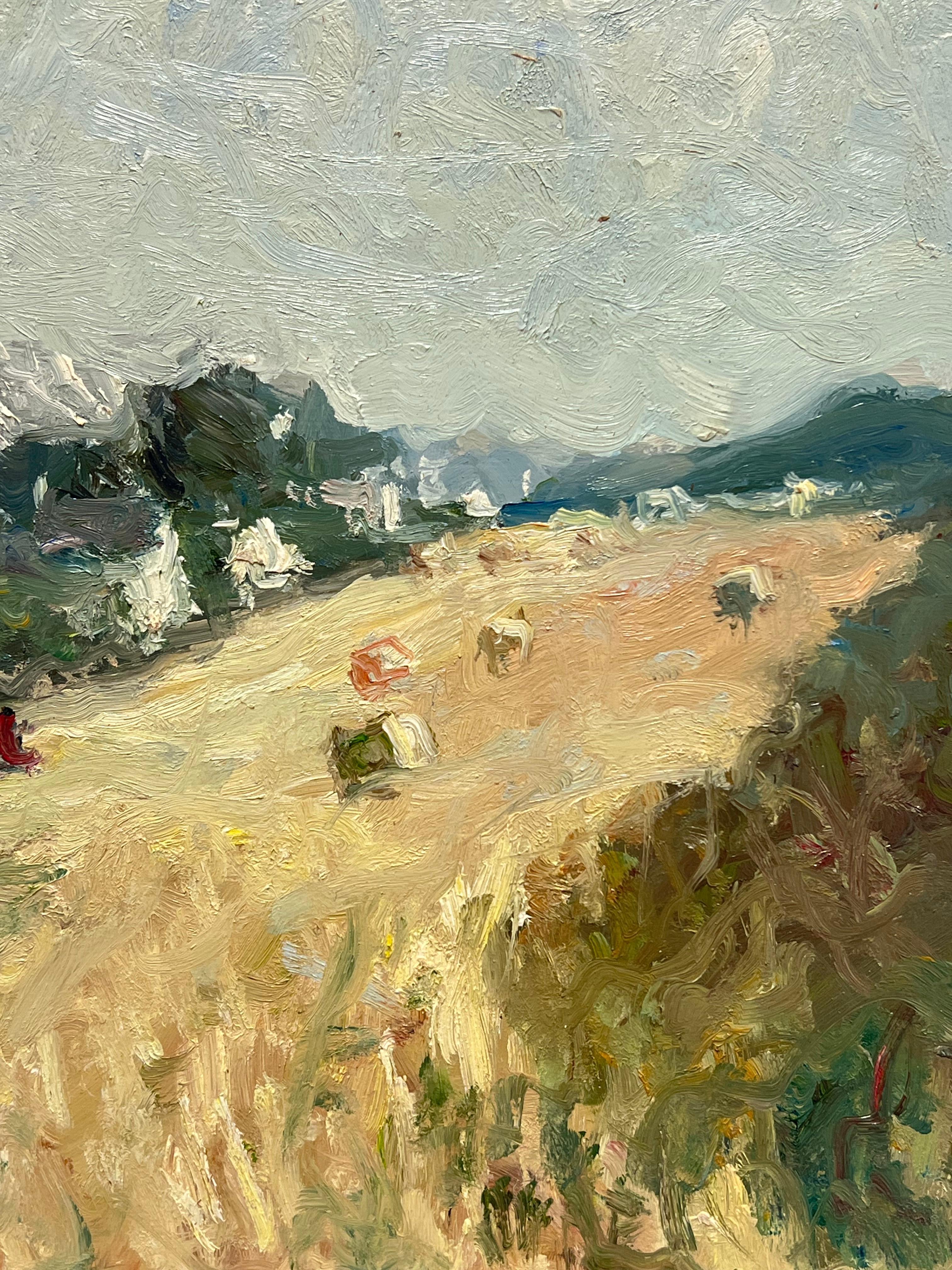 Rural Brittany Harvest Fields Signed 20th Century French Impressionist Oil - Brown Landscape Painting by Claude Marin