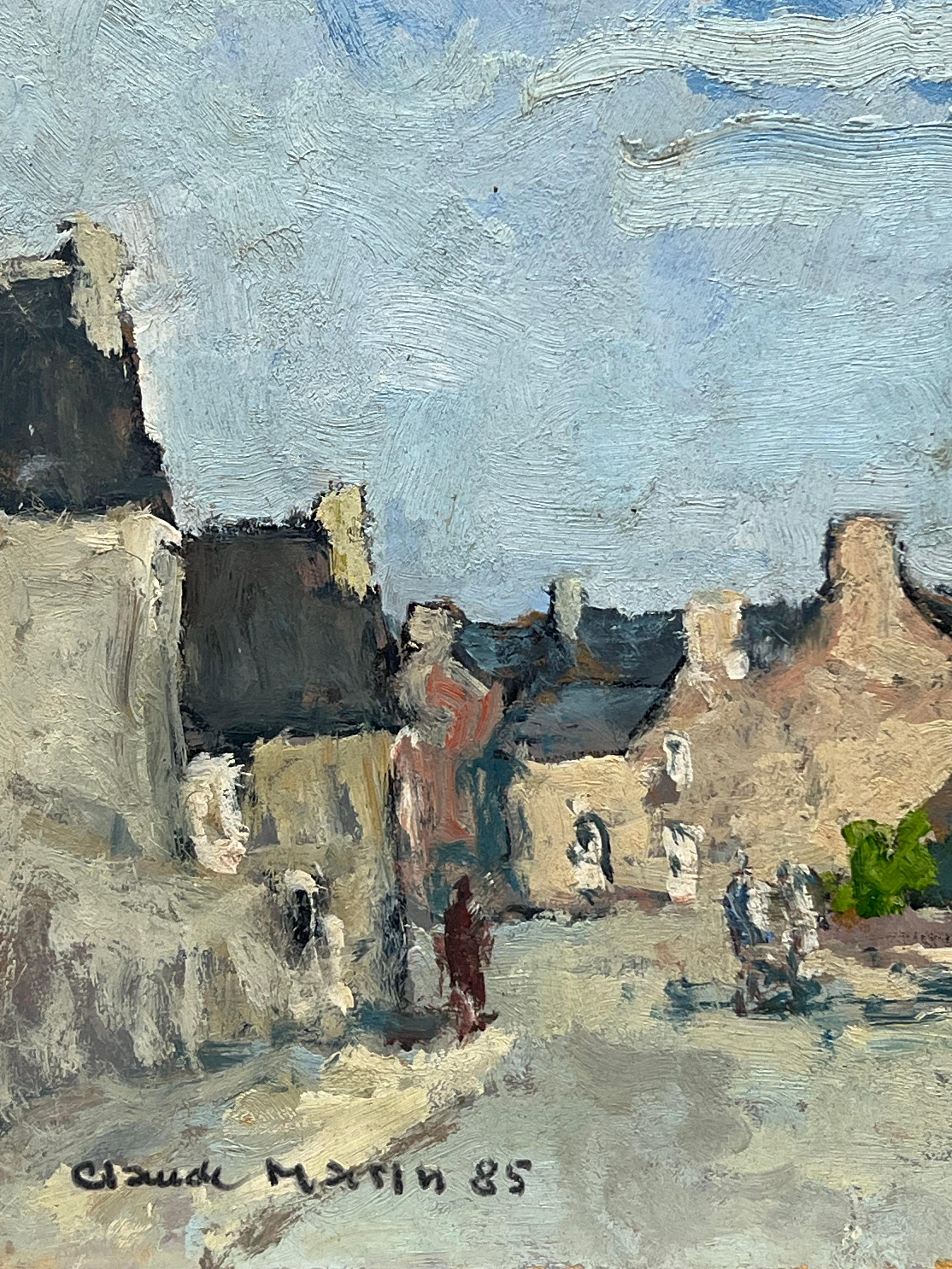 La vieja ciudad francesa y figuras Óleo firmado por un impresionista francés del siglo XX - Landscape Painting Gris de Claude Marin