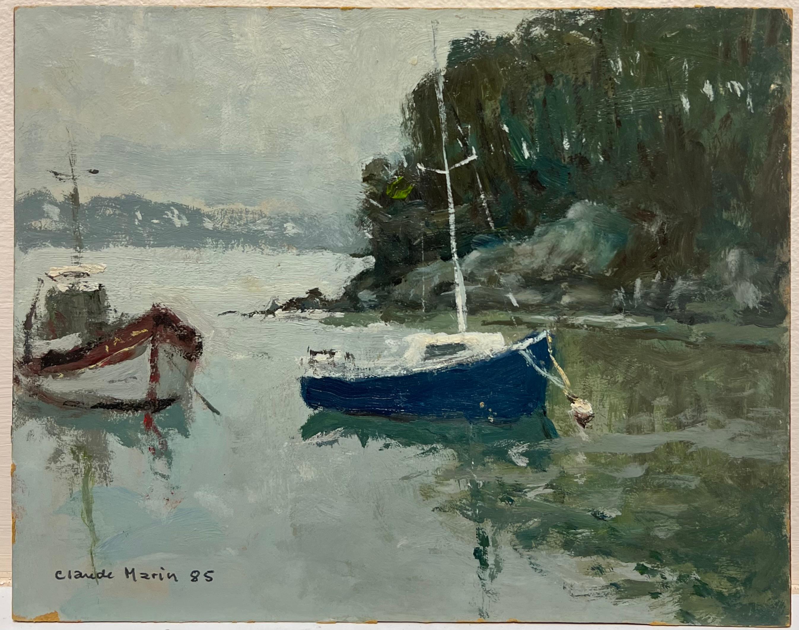 Porto tranquillo Barche ormeggiate Calma Impressionista francese del XX secolo Olio firmato - Painting di Claude Marin