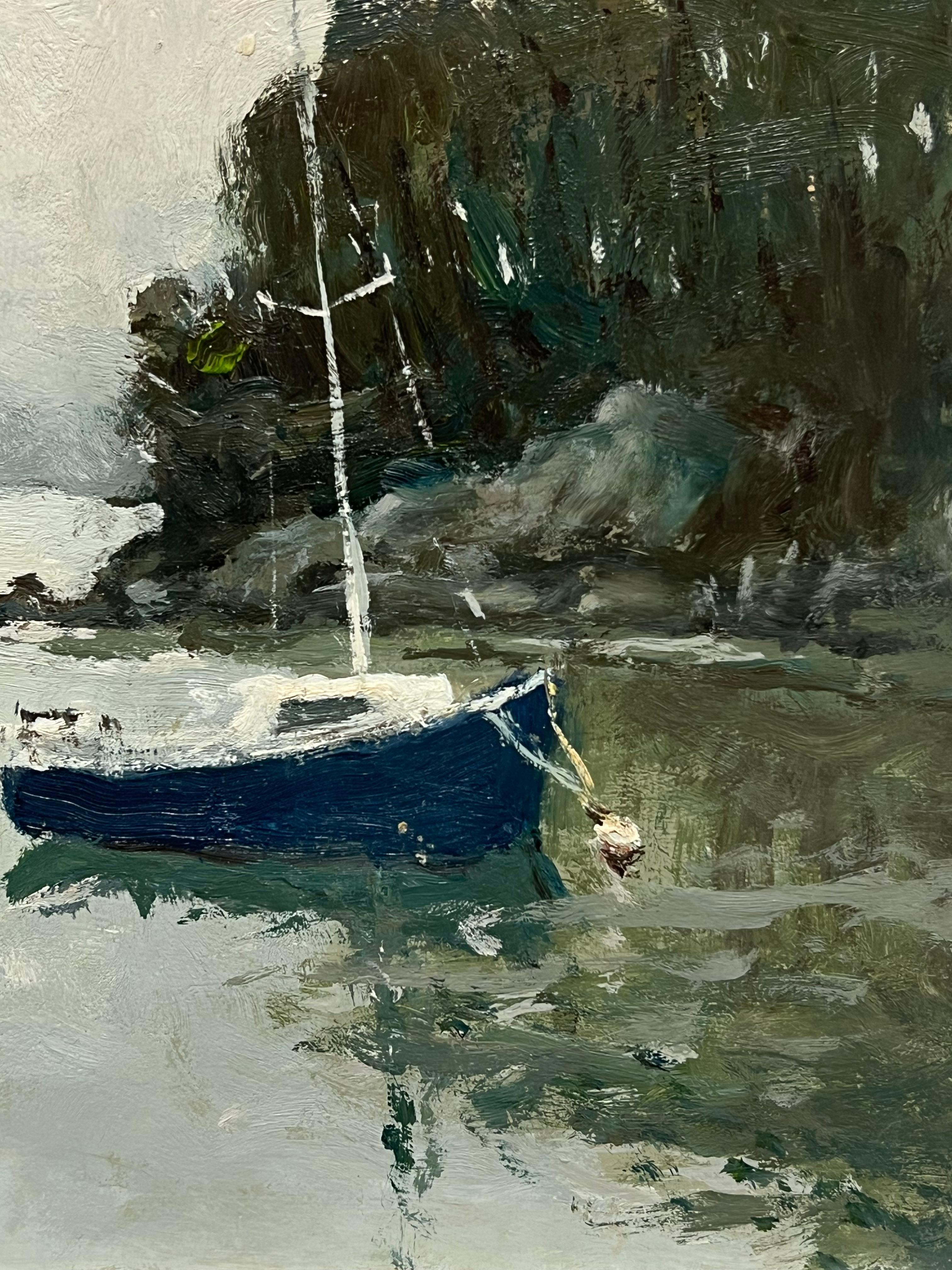 Porto tranquillo Barche ormeggiate Calma Impressionista francese del XX secolo Olio firmato - Painting Impressionismo di Claude Marin