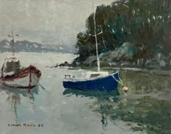 Tranquil Hafenboote Moored Kalbsleder 20. Jahrhundert Französisch Impressionistisches signiertes Ölgemälde