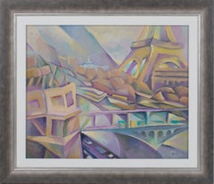 Vintage The Yellow Eiffel Tower, Oil on Canvas Painting by Claude-Max Lochu