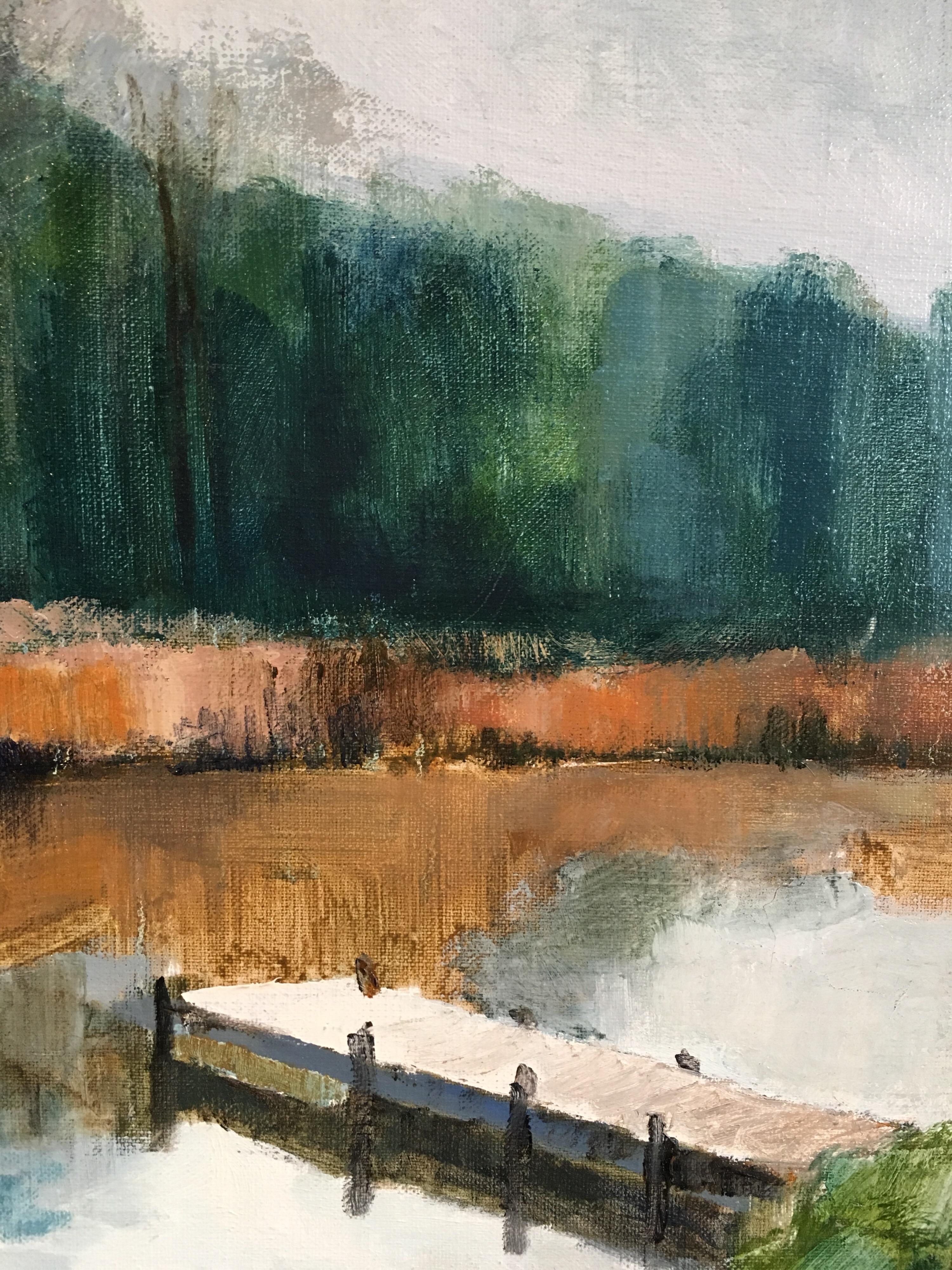 Reflection on the Water, paysage impressionniste français, peinture à l'huile, signée en vente 1