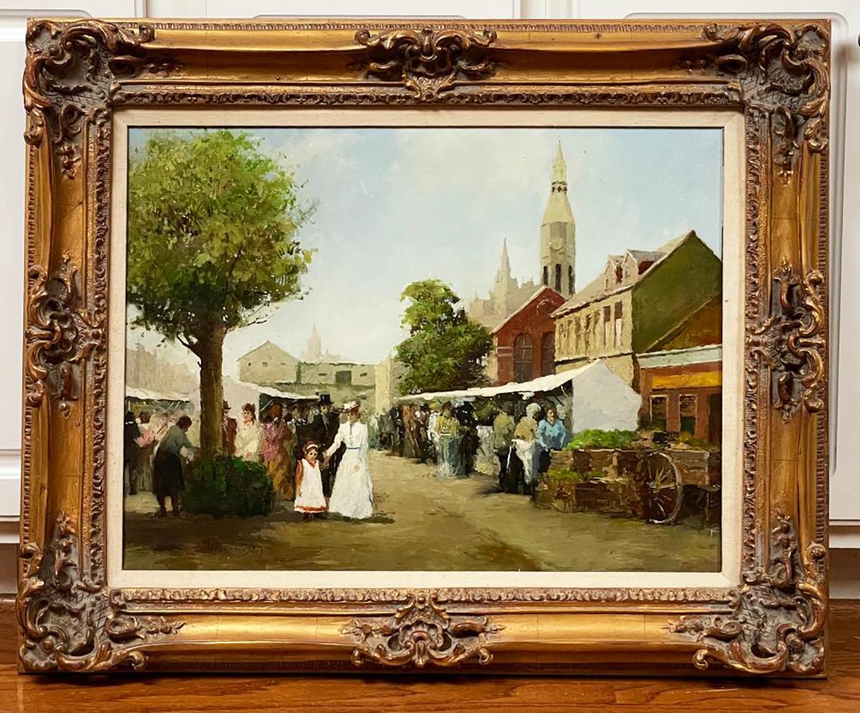 Peinture à l'huile ancienne de paysage de rue par Claude Menzinger - MARKET STREET en vente 1