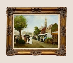 Peinture à l'huile ancienne de paysage de rue par Claude Menzinger - MARKET STREET