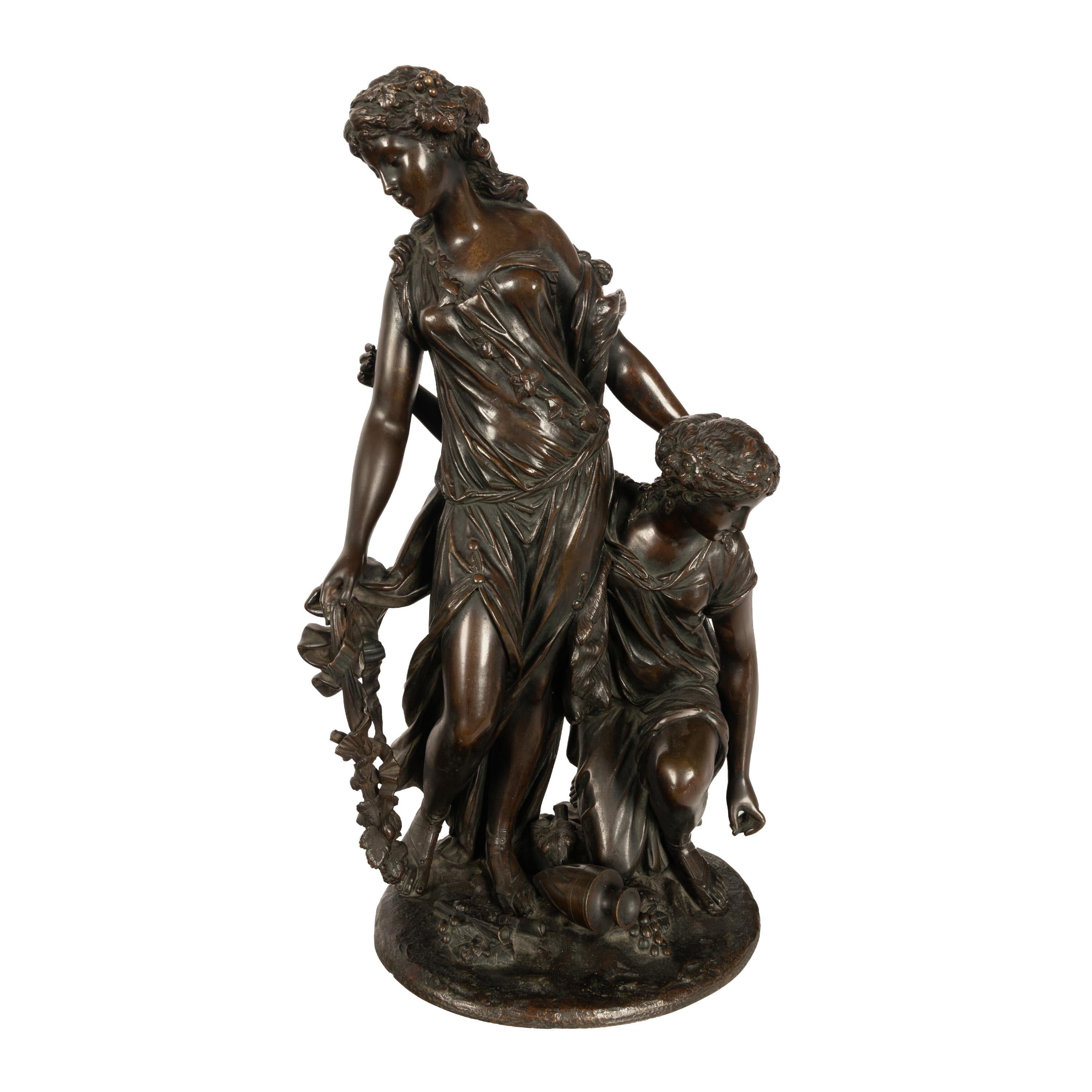 Antique French Neoclassical Rococo Bronce Grupo Figural de Bacantes de Vino 1762 - Sculpture de Claude Michel Clodion