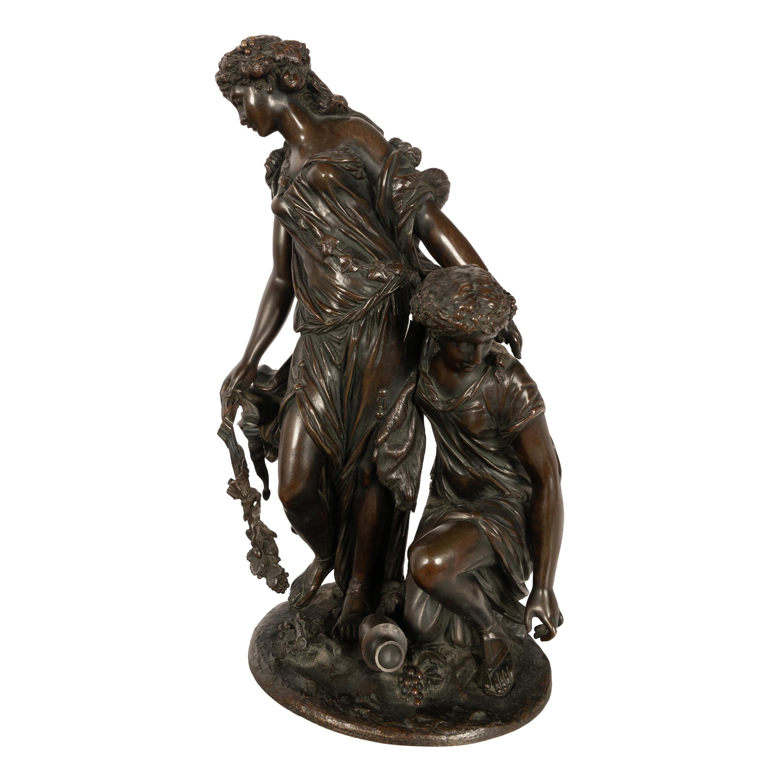 Antique French Neoclassical Rococo Bronce Grupo Figural de Bacantes de Vino 1762 - Sculpture Rococó de Claude Michel Clodion