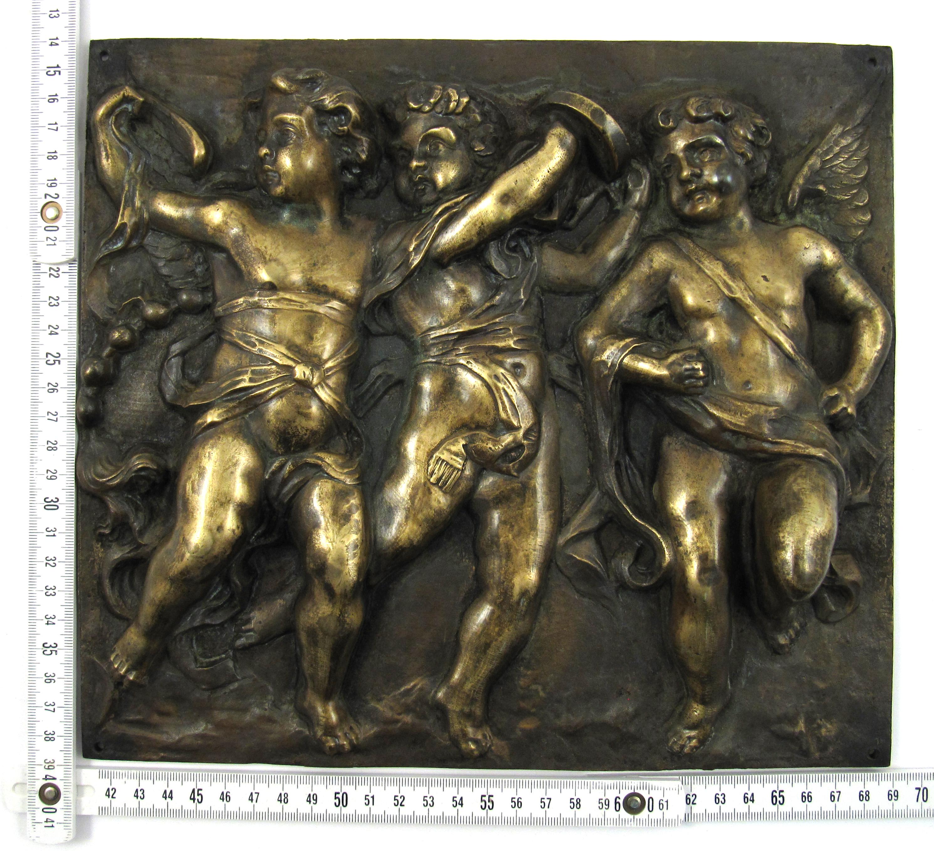 Music Making Dancing Putti – 19thC France - High Relief Bronze Plaque For Sale 6