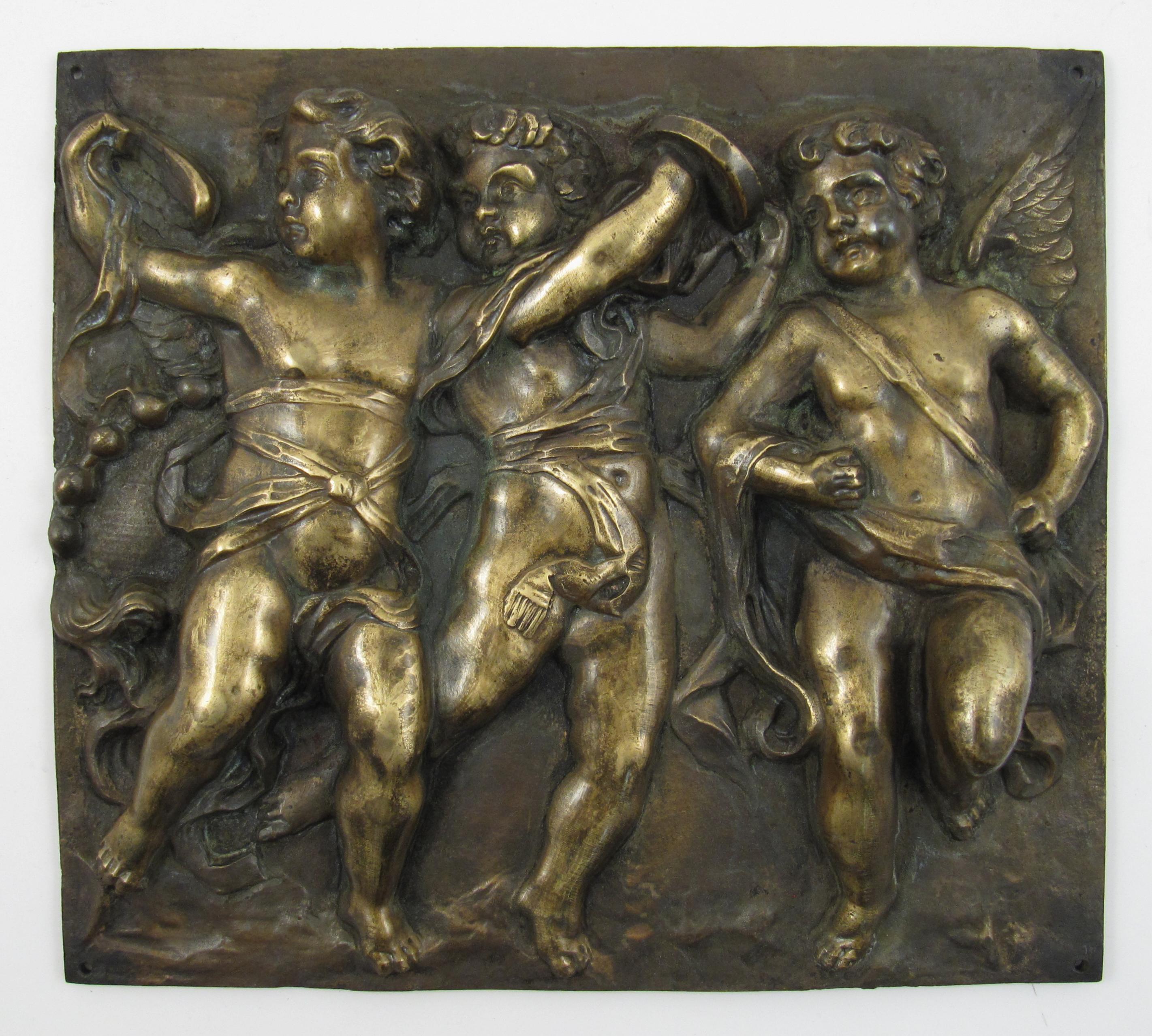 Music Making Dancing Putti – 19thC France - High Relief Bronze Plaque - Sculpture by Claude Michel Clodion
