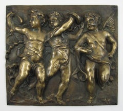 Music Making Dancing Putti – 19thC France - High Relief Bronze Plaque