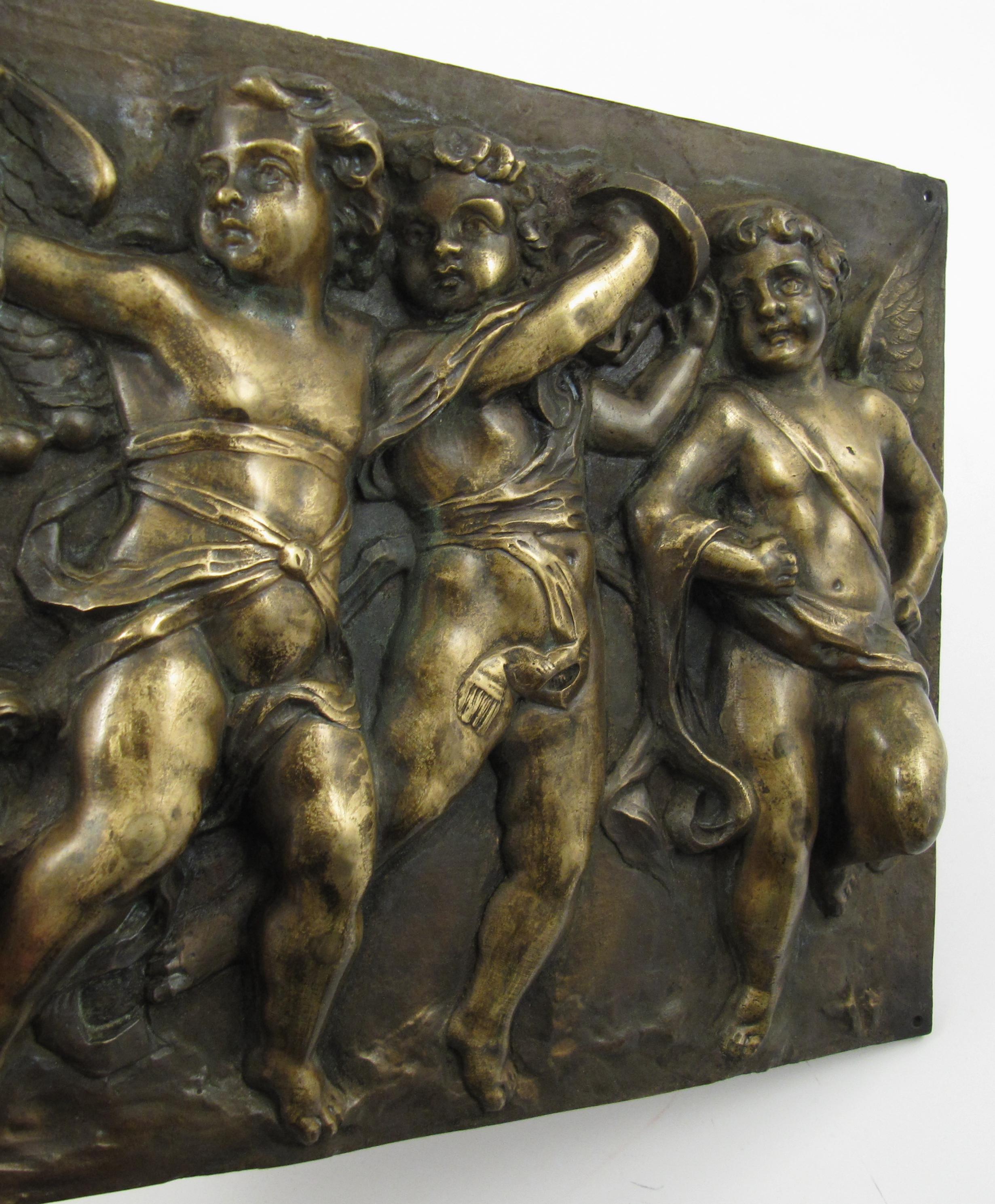 Music Making Dancing Putti – 19thC France - High Relief Bronze Plaque - Rococo Sculpture by Claude Michel Clodion
