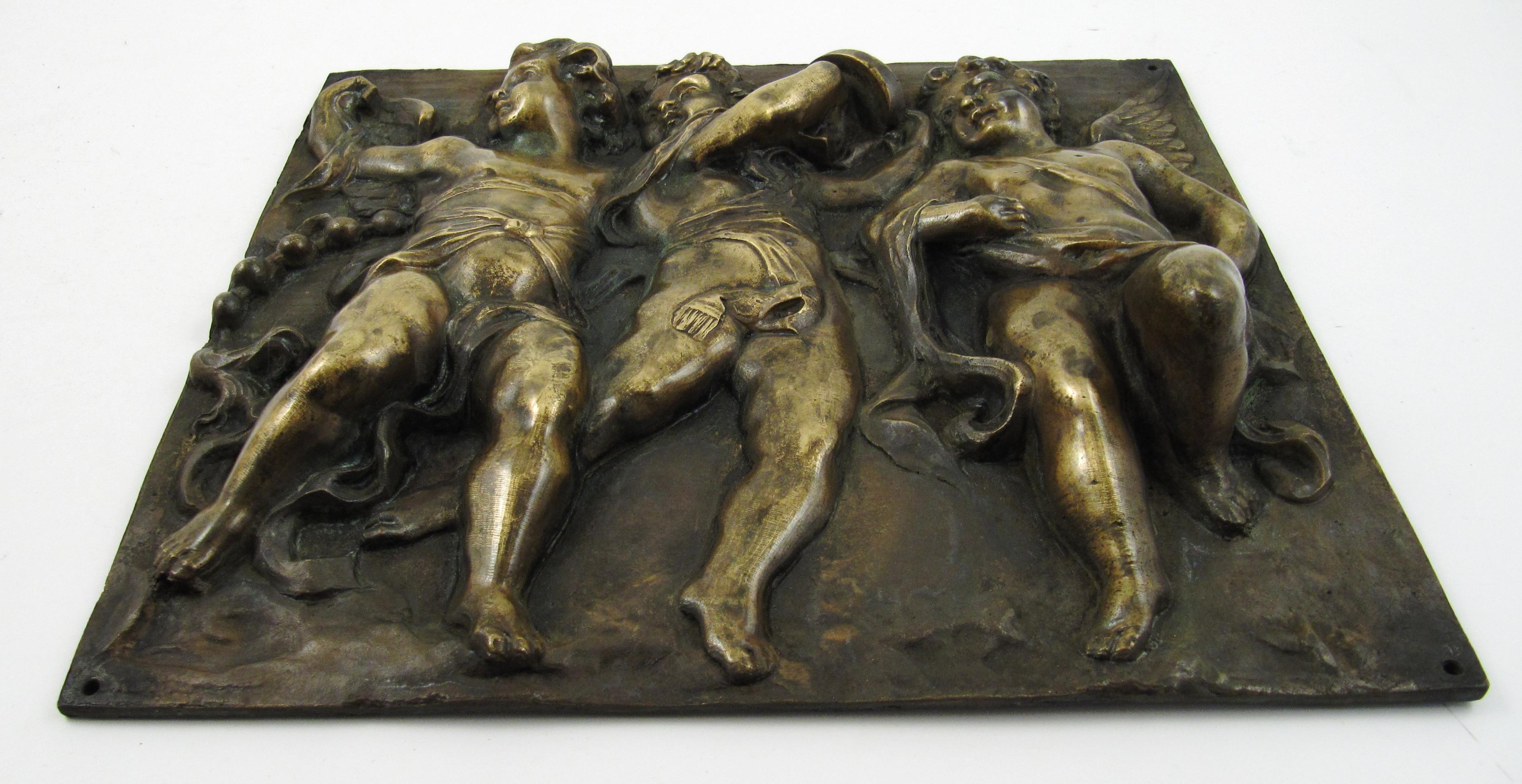 Music Making Dancing Putti – 19thC France - High Relief Bronze Plaque - Gold Nude Sculpture by Claude Michel Clodion