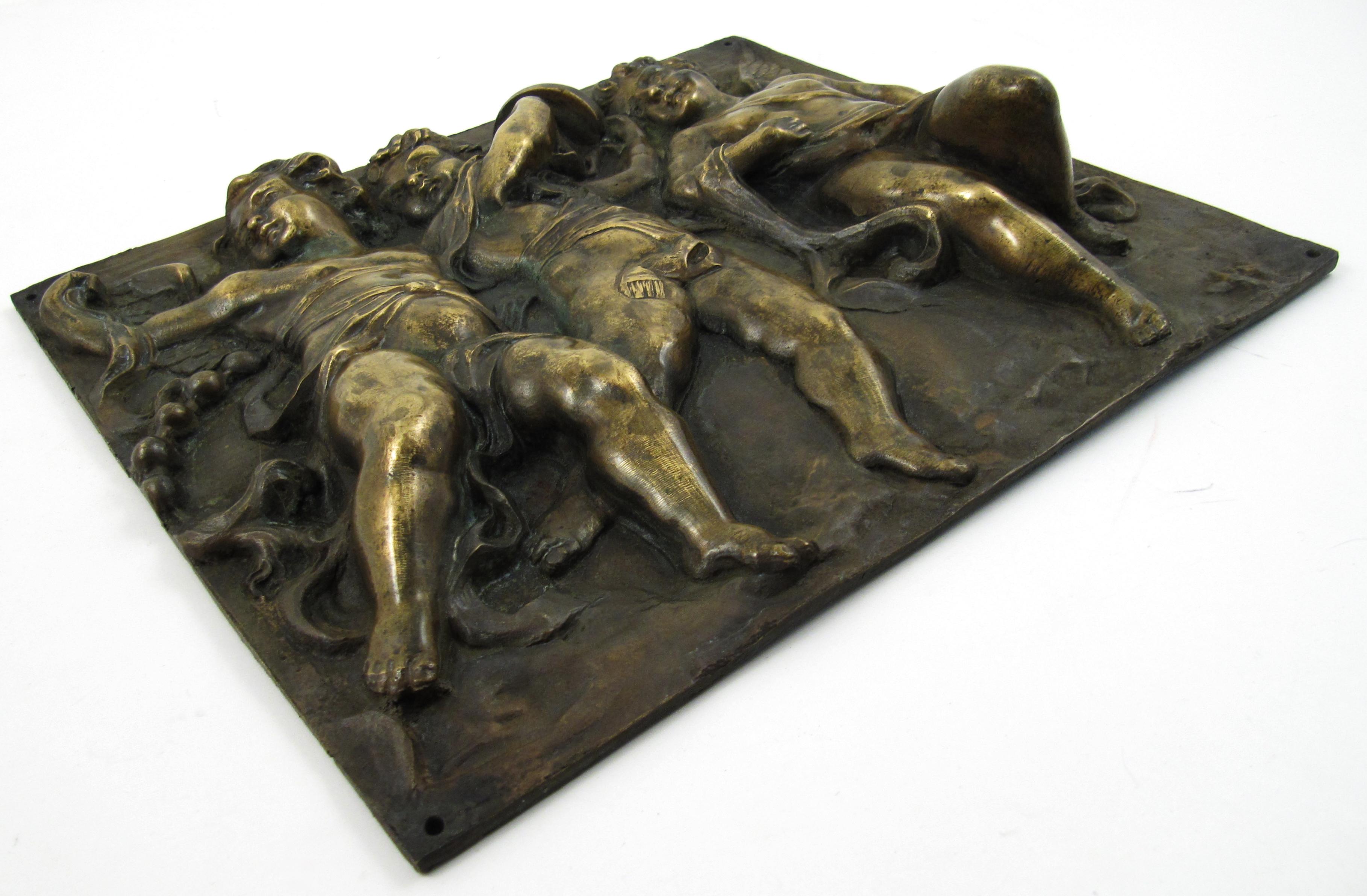 Music Making Dancing Putti – 19thC France - High Relief Bronze Plaque For Sale 1