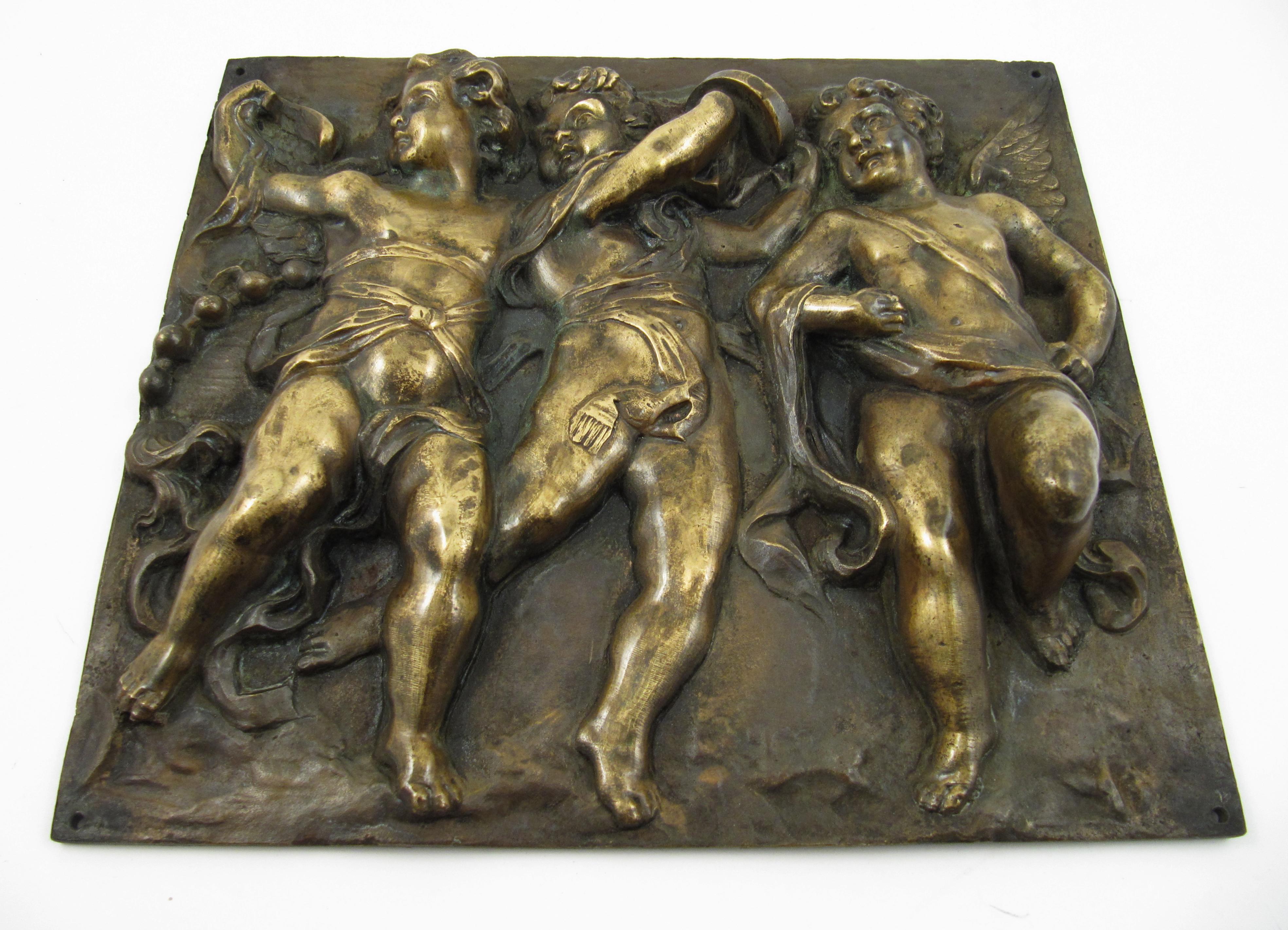 Music Making Dancing Putti – 19thC France - High Relief Bronze Plaque For Sale 2