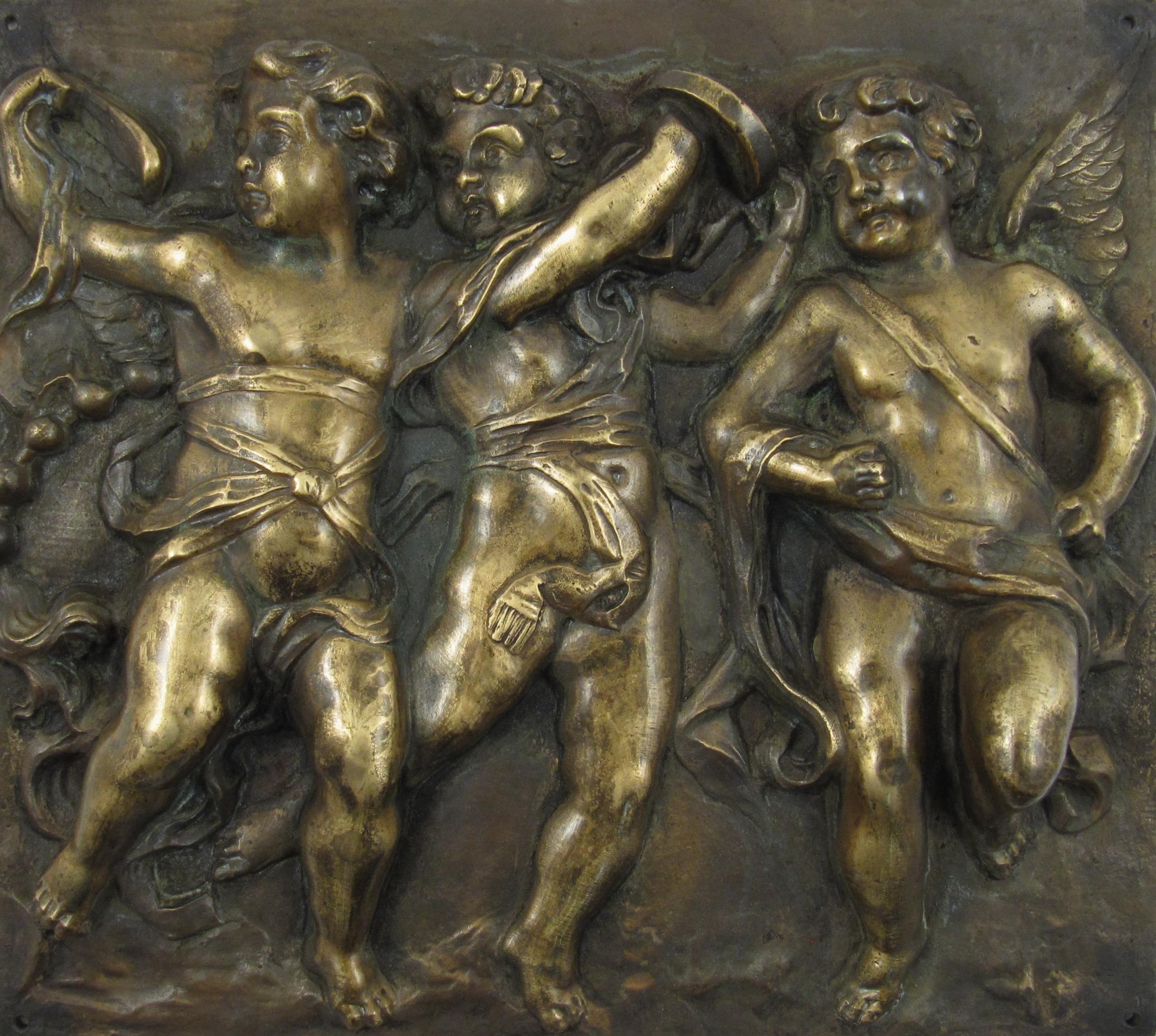 Music Making Dancing Putti – 19thC France - High Relief Bronze Plaque