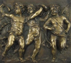 Antique Music Making Dancing Putti – 19thC France - High Relief Bronze Plaque