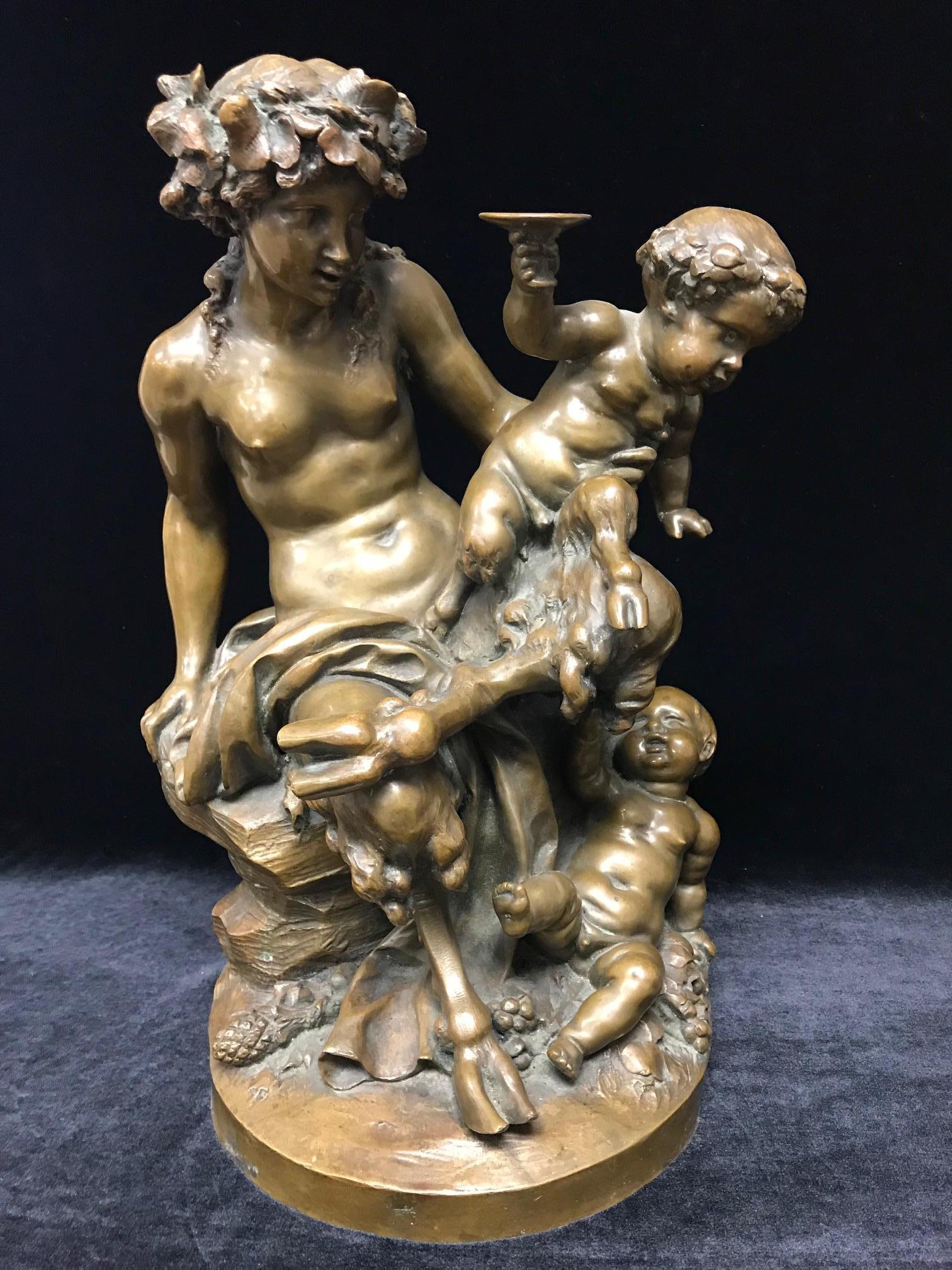 Nude faun woman sitting on a rock and 2 puttis, after Clodion - Sculpture by Claude Michel Clodion