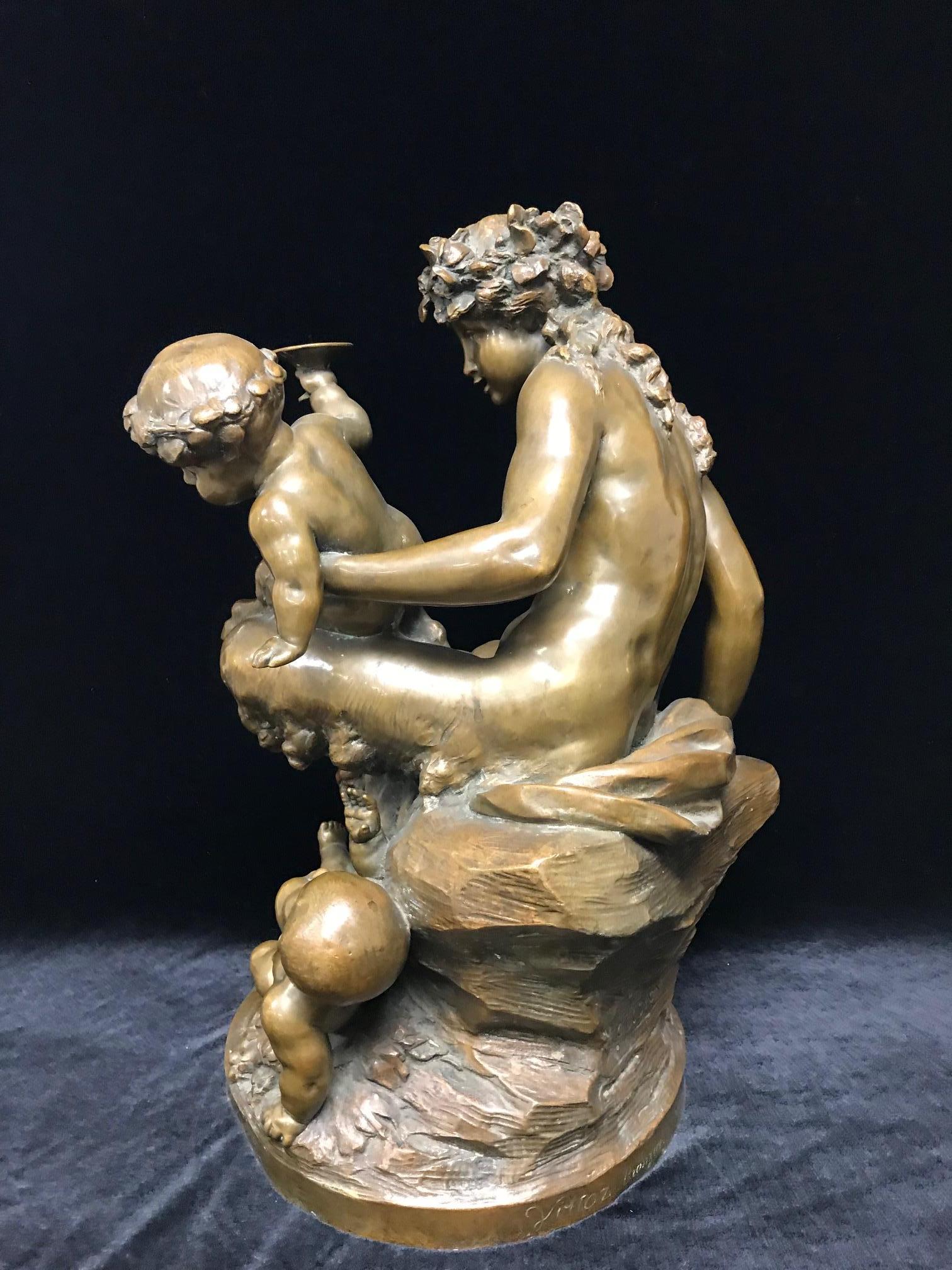 Nude faun woman sitting on a rock and 2 puttis, after Clodion  - Rococo Sculpture by Claude Michel Clodion