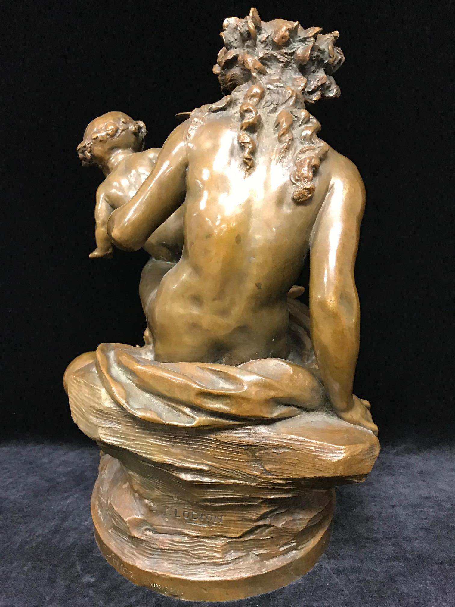 Nude faun woman sitting on a rock and 2 puttis, after Clodion  - Gold Figurative Sculpture by Claude Michel Clodion