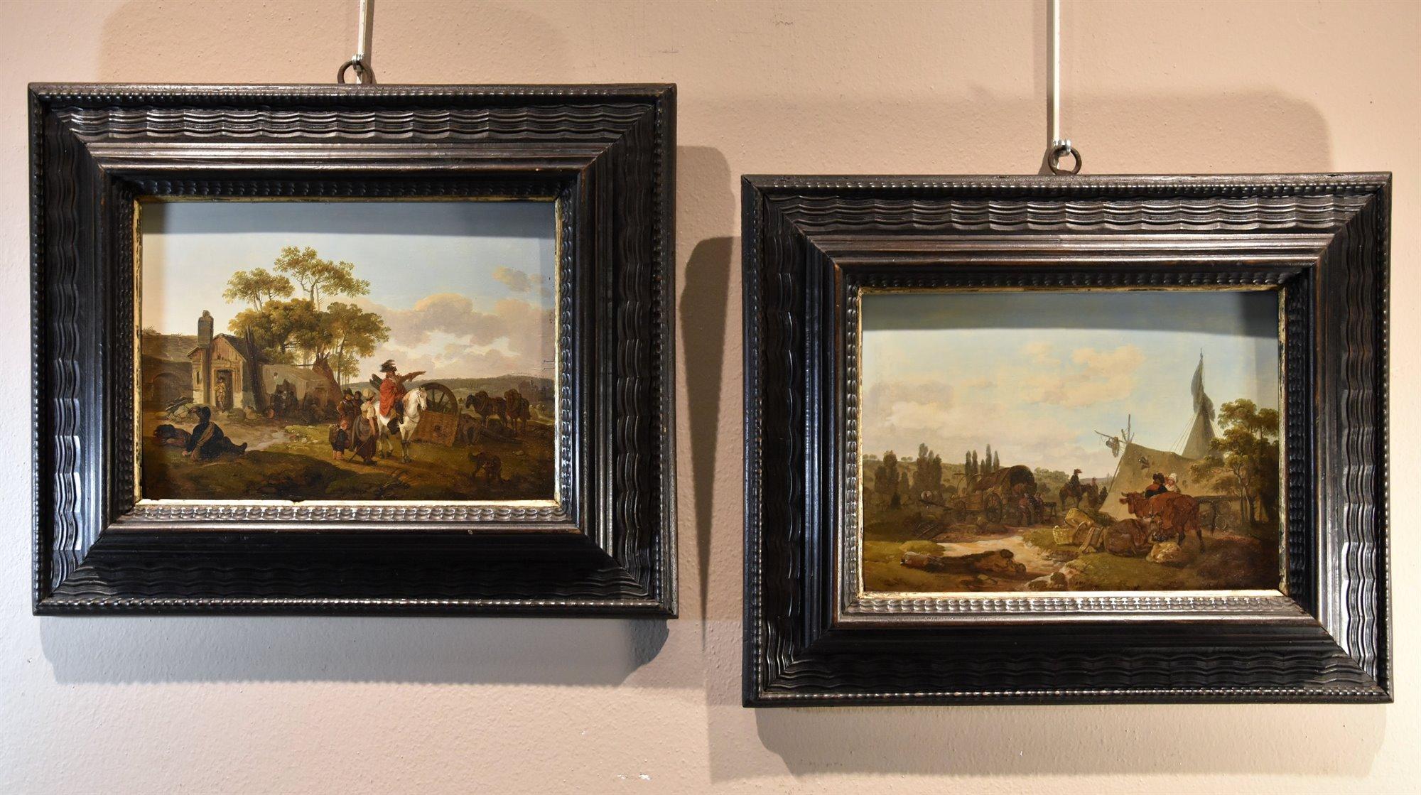 Pair Landscape Horses Duplessis Paint Oil on table 18th Century Old master