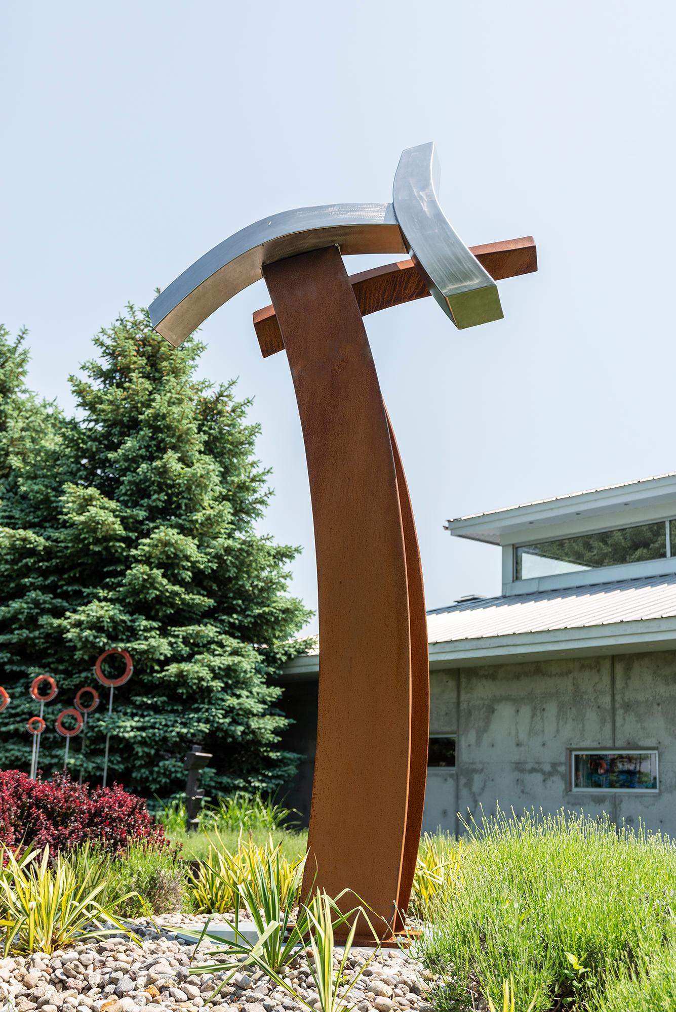 Convergence - abstract, geometric, corten and stainless steel outdoor sculpture - Abstract Sculpture by Claude Millette