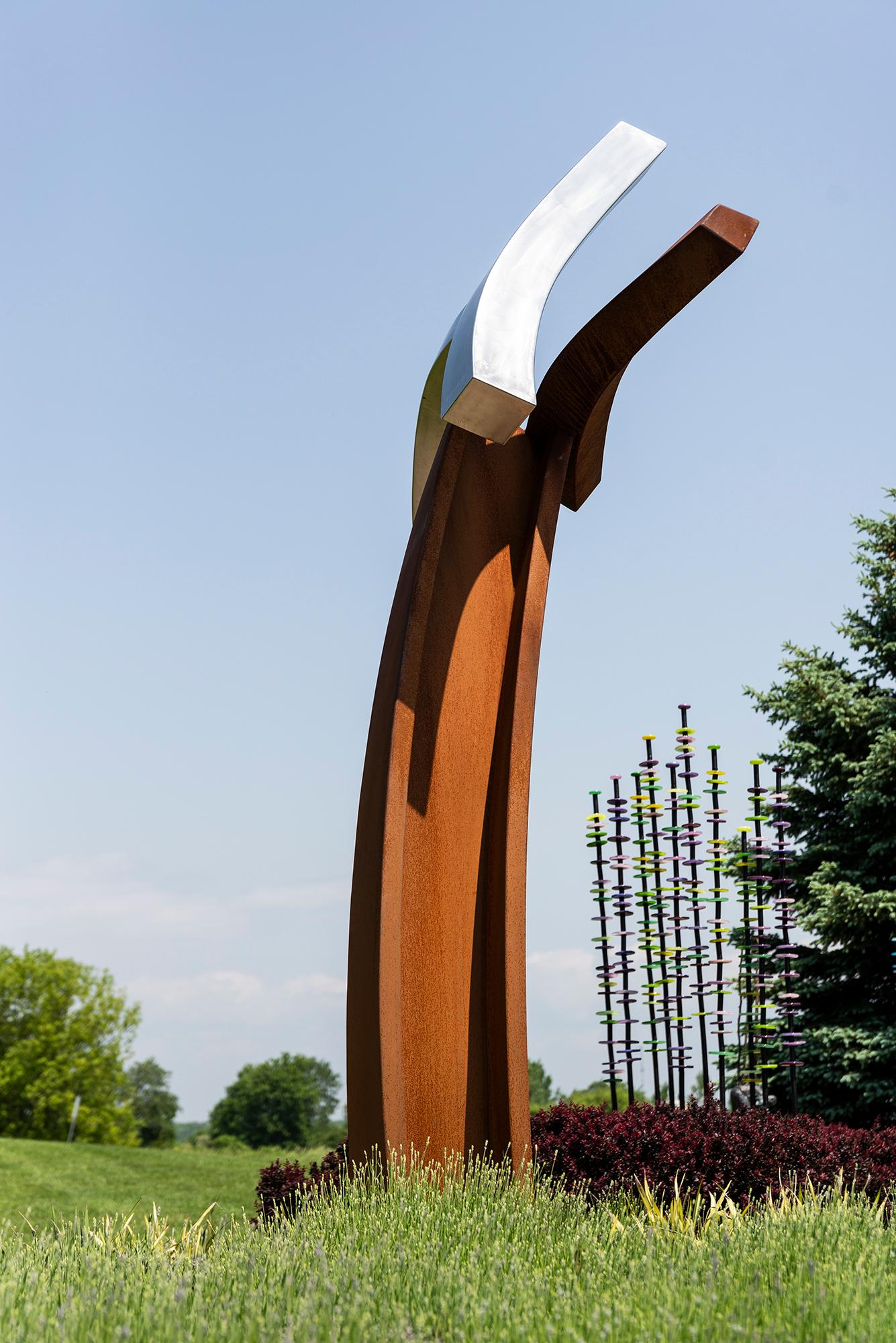Convergence - abstract, geometric, corten and stainless steel outdoor sculpture For Sale 1