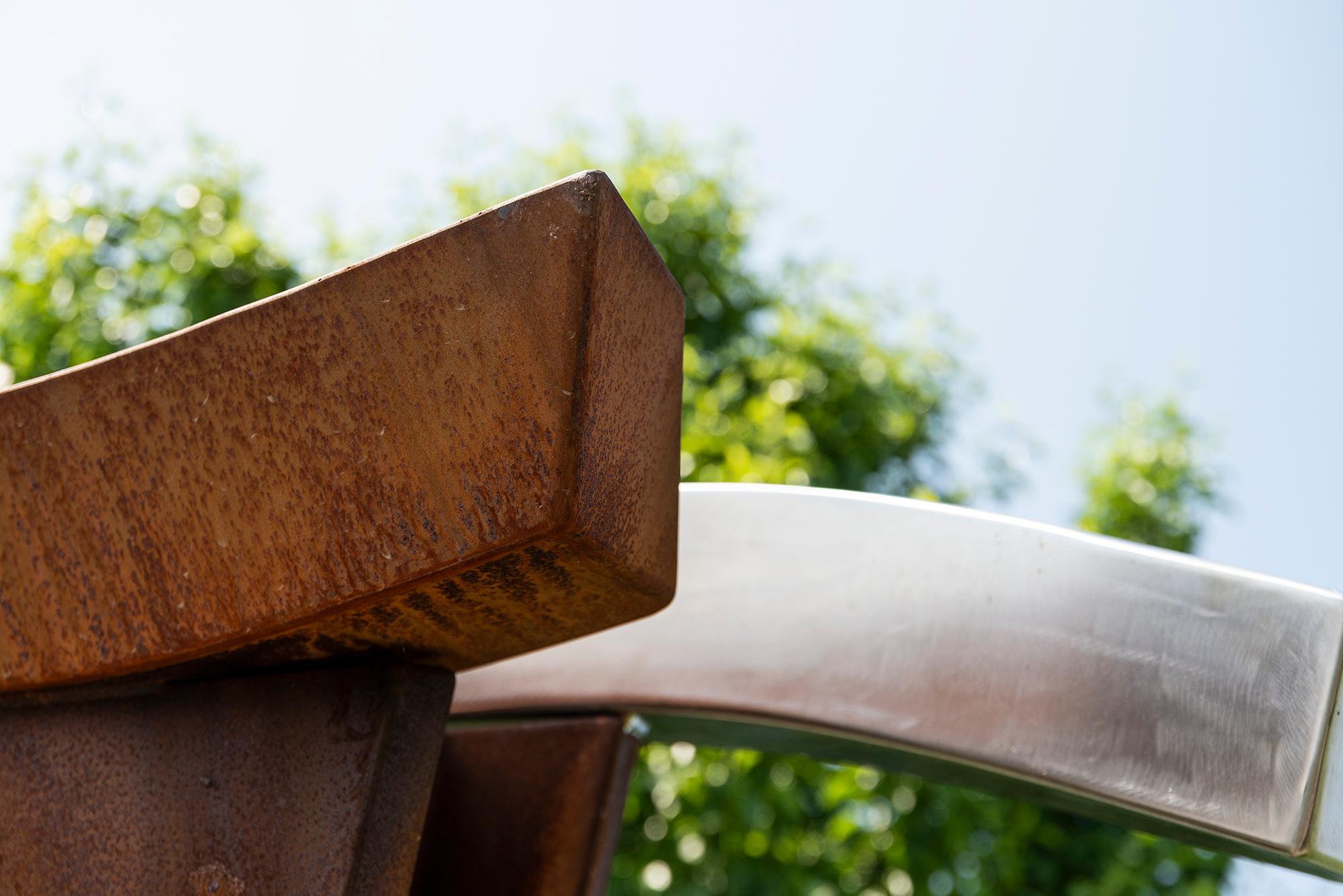 Convergence - abstract, geometric, corten and stainless steel outdoor sculpture For Sale 3