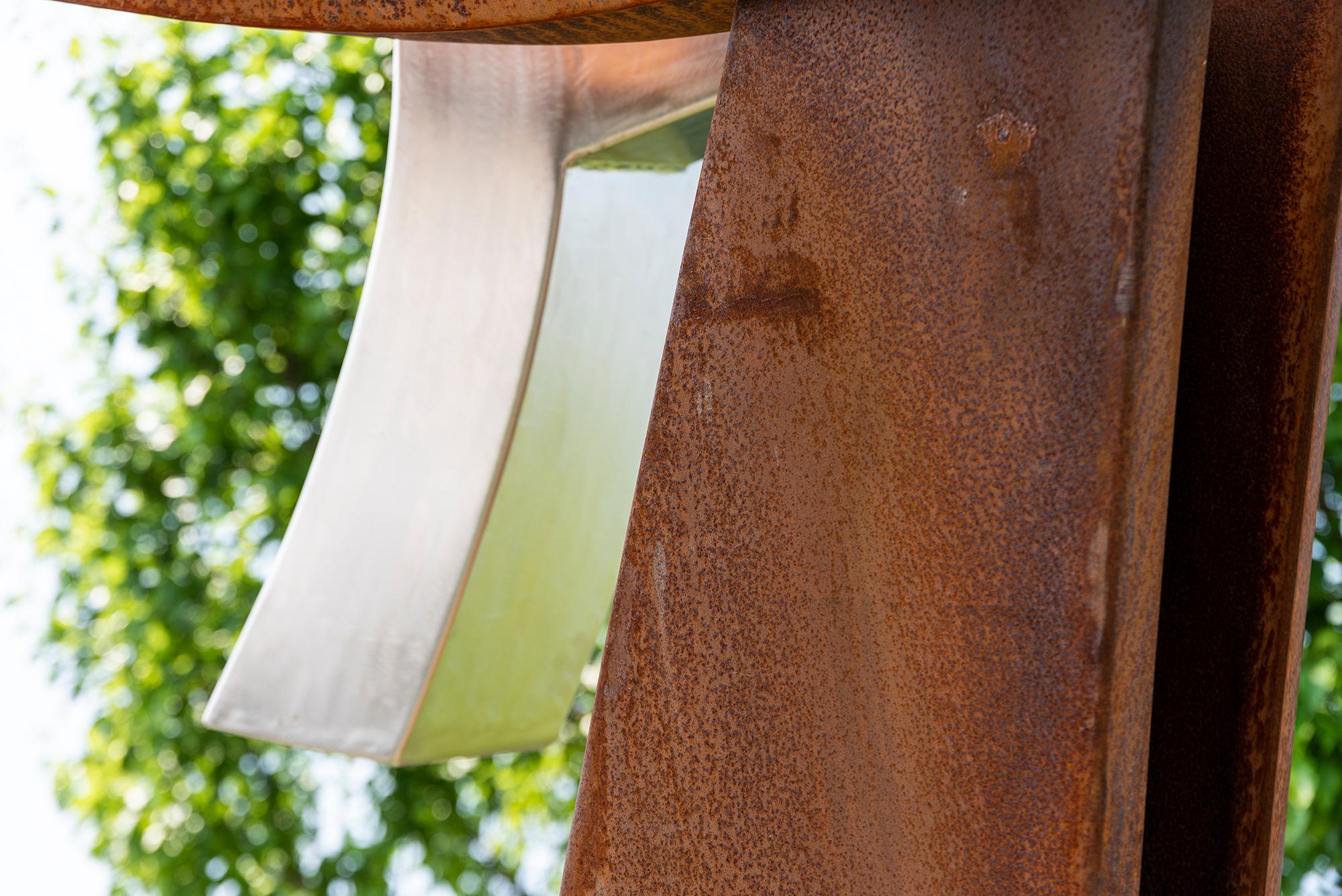 Convergence - abstract, geometric, corten and stainless steel outdoor sculpture For Sale 4