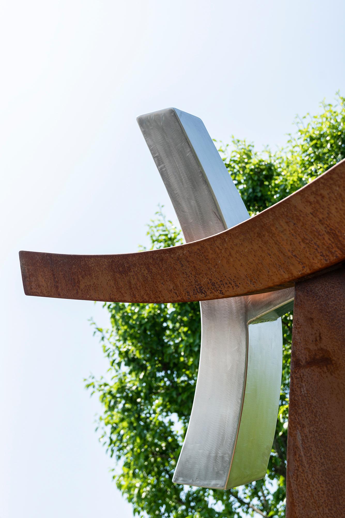 Convergence - abstract, geometric, corten and stainless steel outdoor sculpture For Sale 5