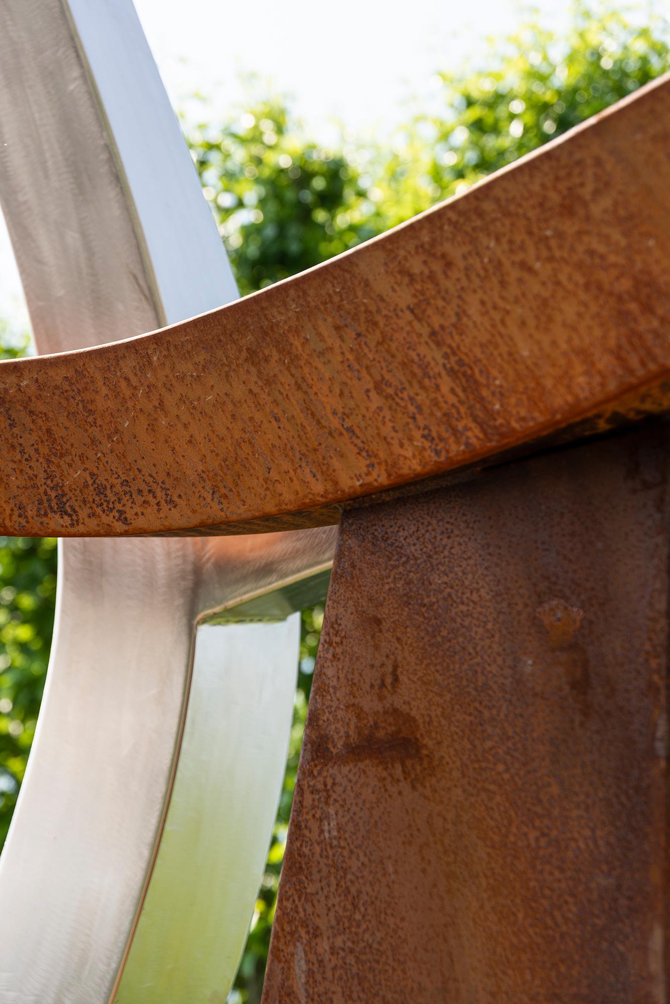 Convergence - abstract, geometric, corten and stainless steel outdoor sculpture For Sale 6