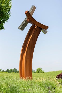 Convergence - abstract, geometric, corten and stainless steel outdoor sculpture