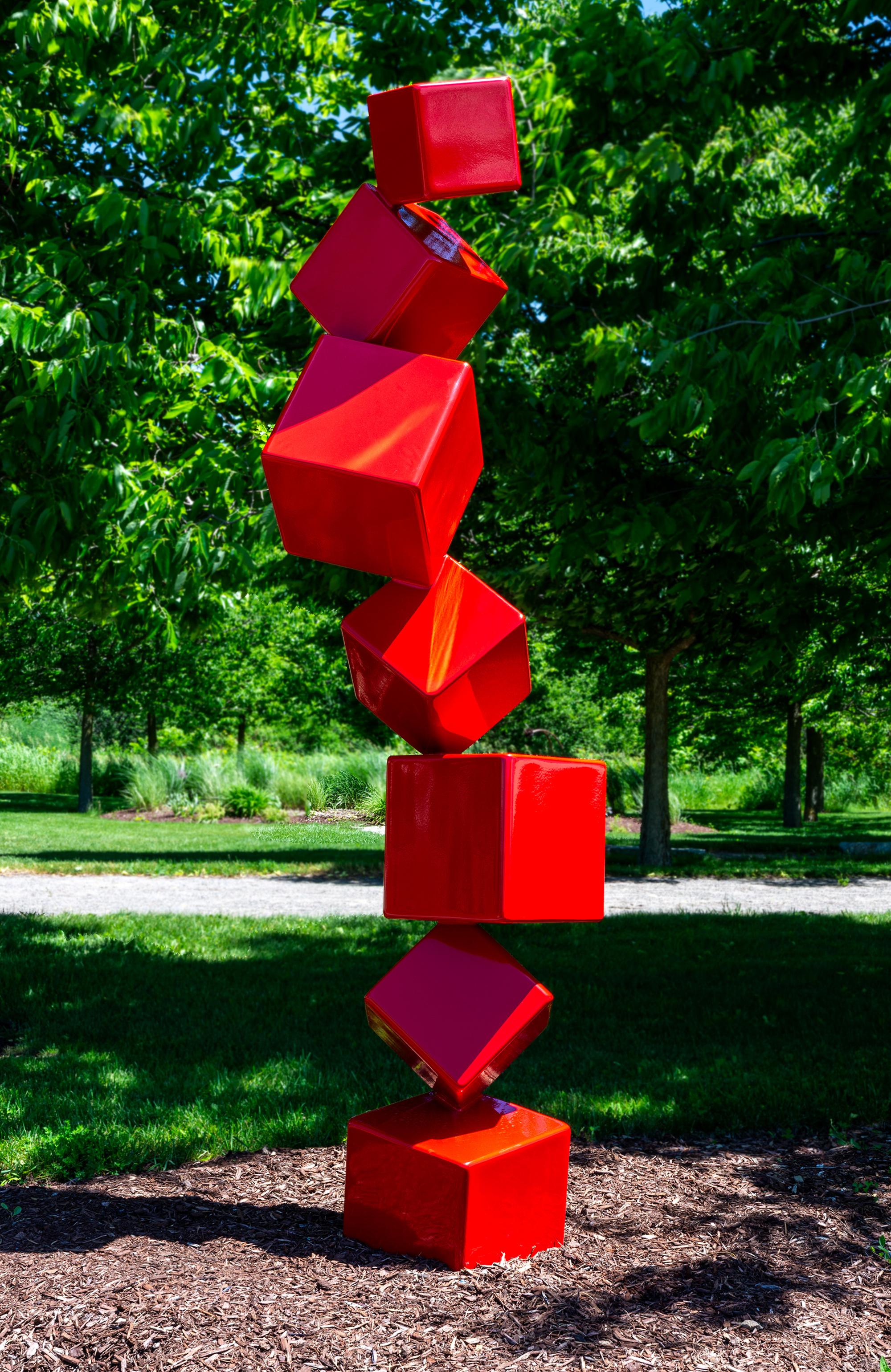 Crescendo III - Red Geometric Metal Outdoor Sculpture, Abstract Contemporary Art