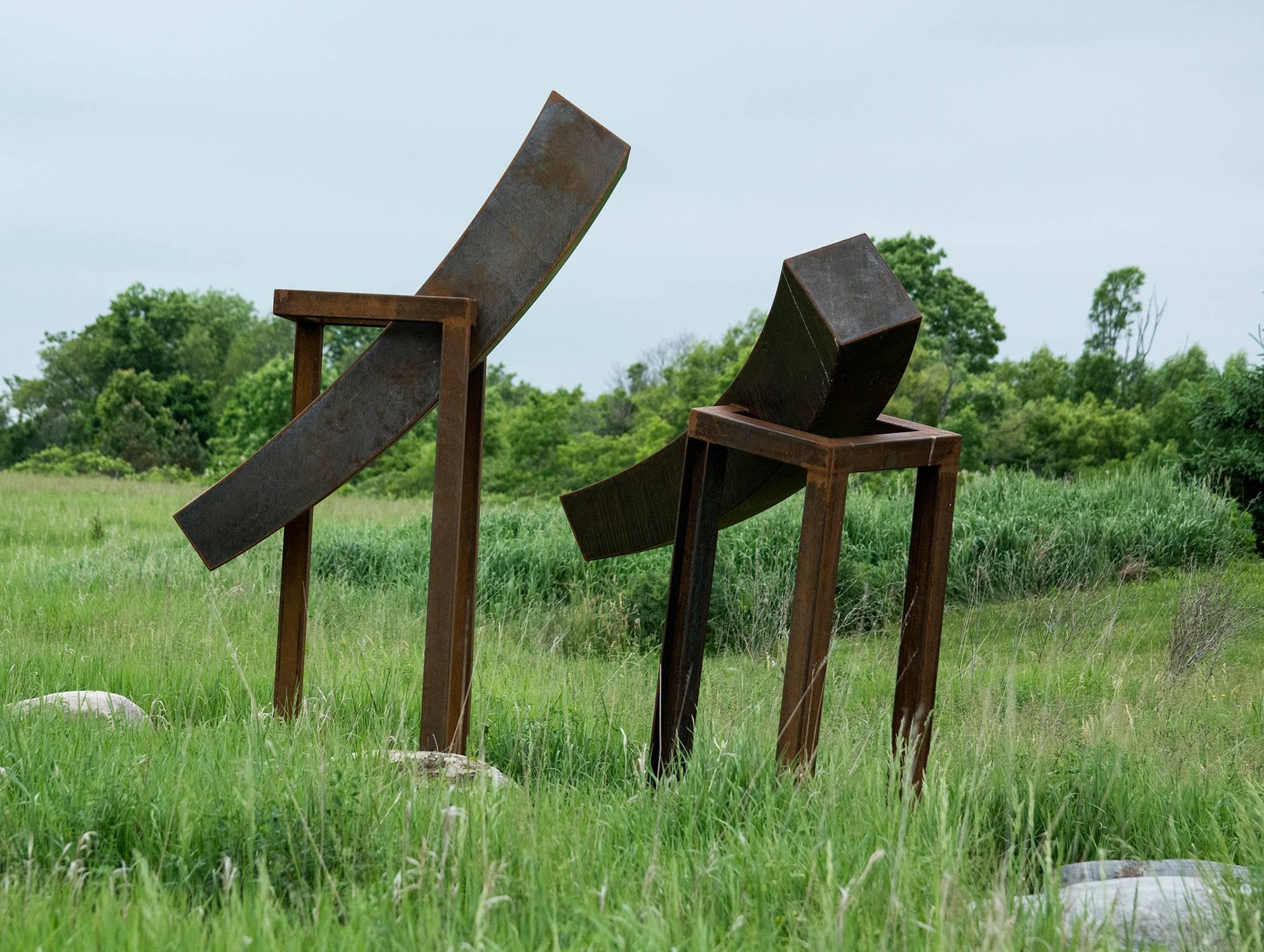 Equilibrium VI - large, dynamic, minimalist, corten steel, outdoor sculpture - Blue Abstract Sculpture by Claude Millette