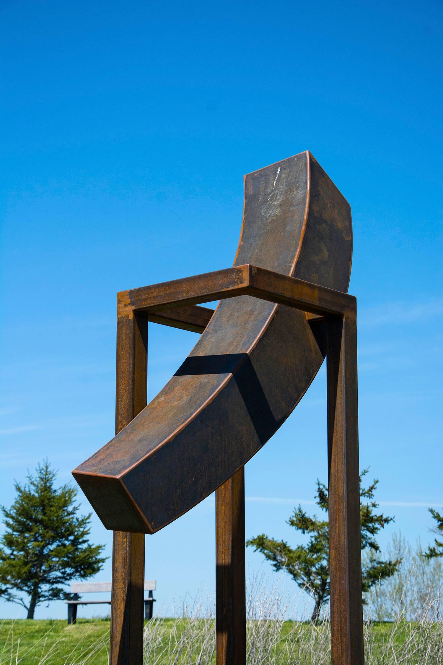 Claude Millette Abstract Sculpture - Equilibrium VI - large, dynamic, minimalist, corten steel, outdoor sculpture