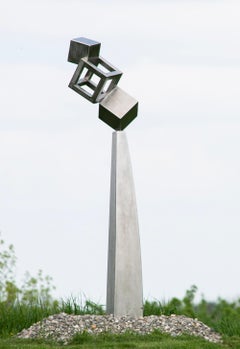 Le Capteur, sculpture abstraite, extérieure, géométrique, acier inoxydable