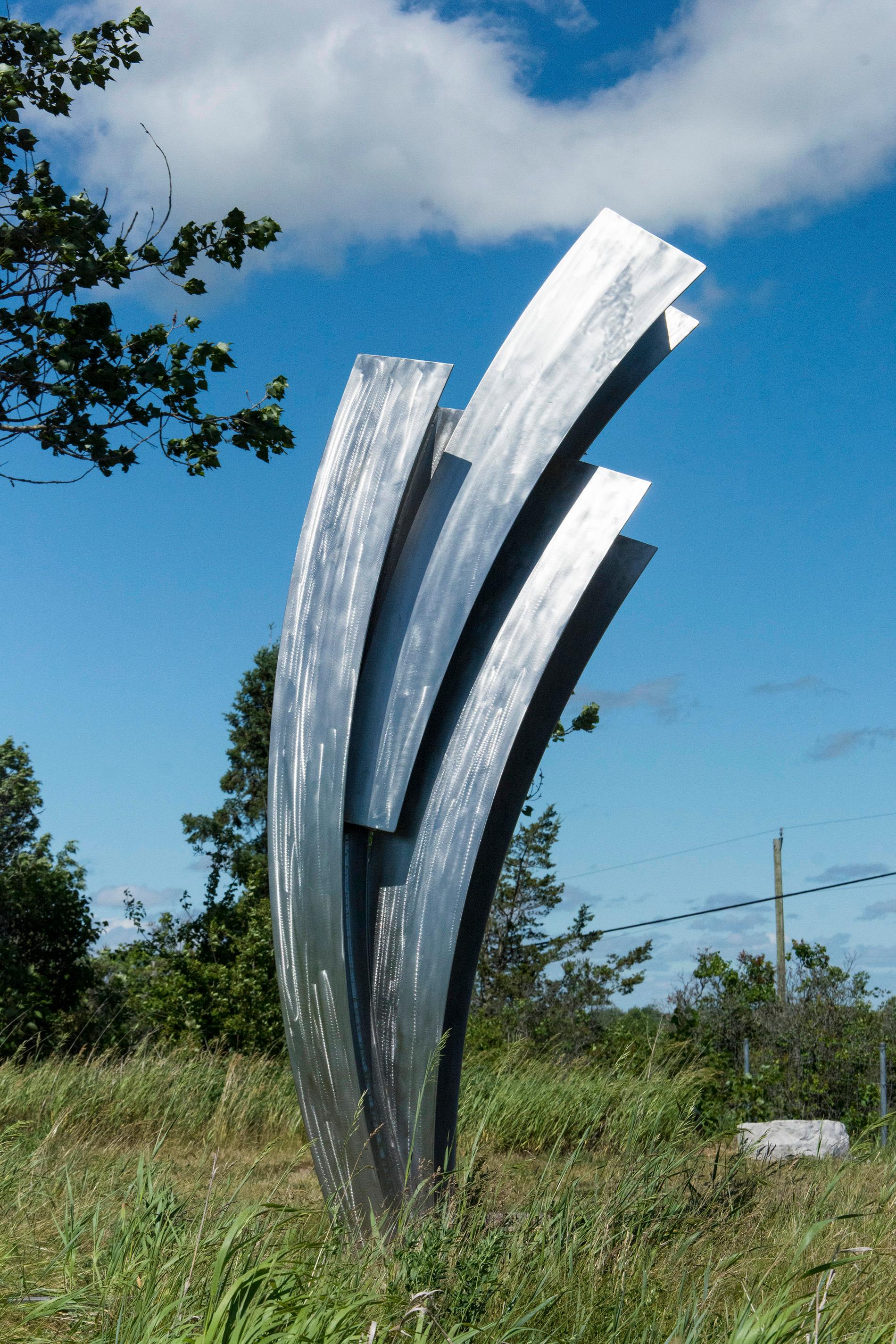 Claude Millette Abstract Sculpture - Projection - large, dynamic, minimalist, stainless steel outdoor sculpture