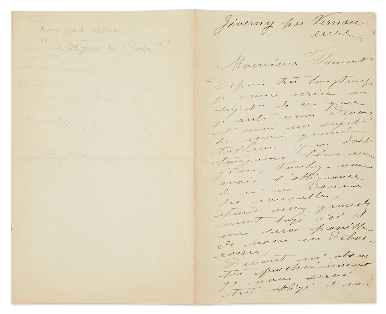 Ein handgeschriebener und signierter Brief von Claude Monet aus dem Jahr 1840
Mit außergewöhnlichem Inhalt zu seinem berühmten 